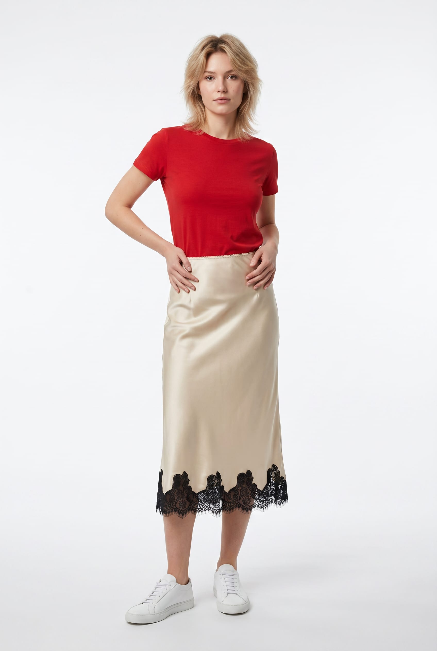 Champagne Satin Midi Slip Skirt