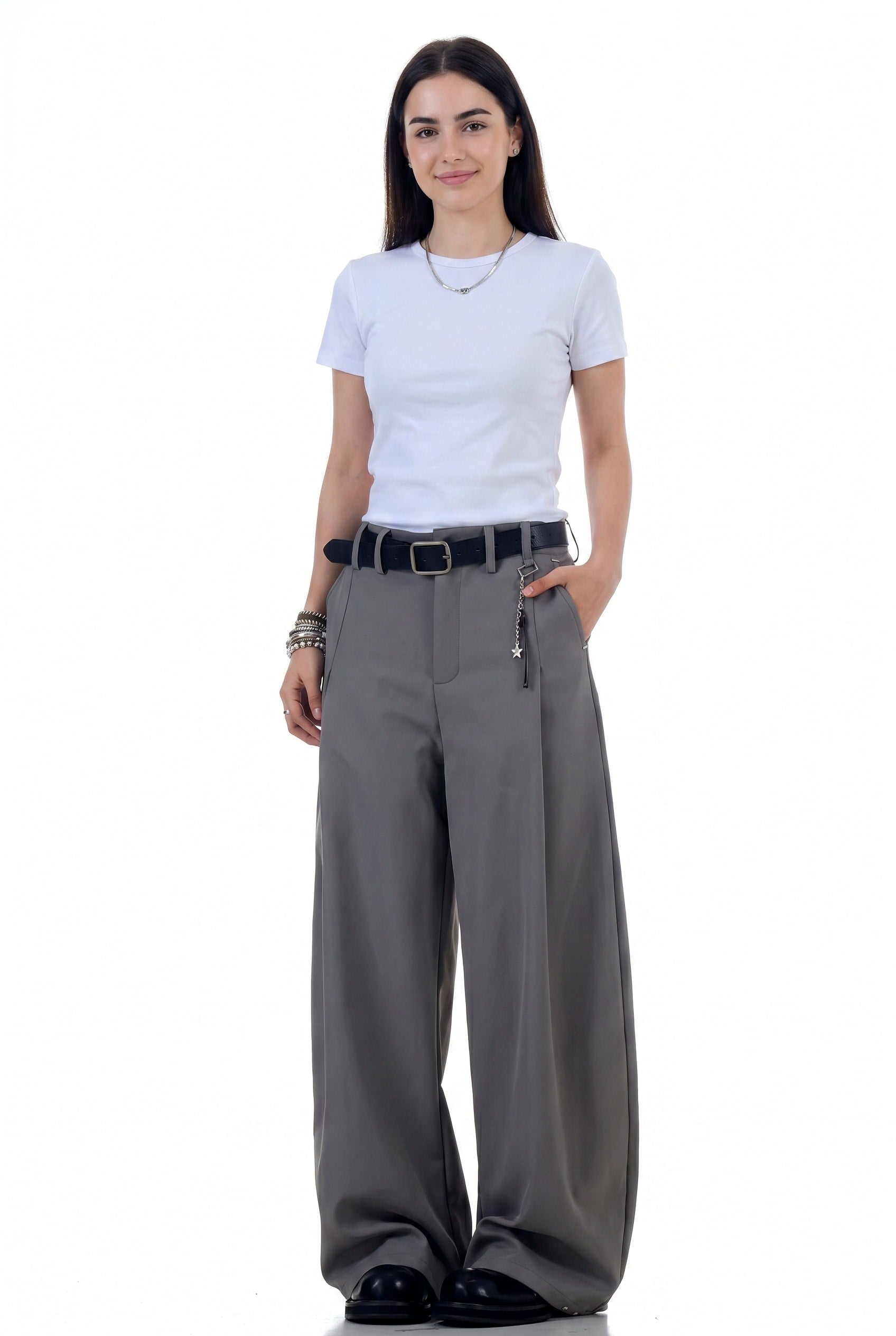 Grey Wide Leg Tailored Trousers