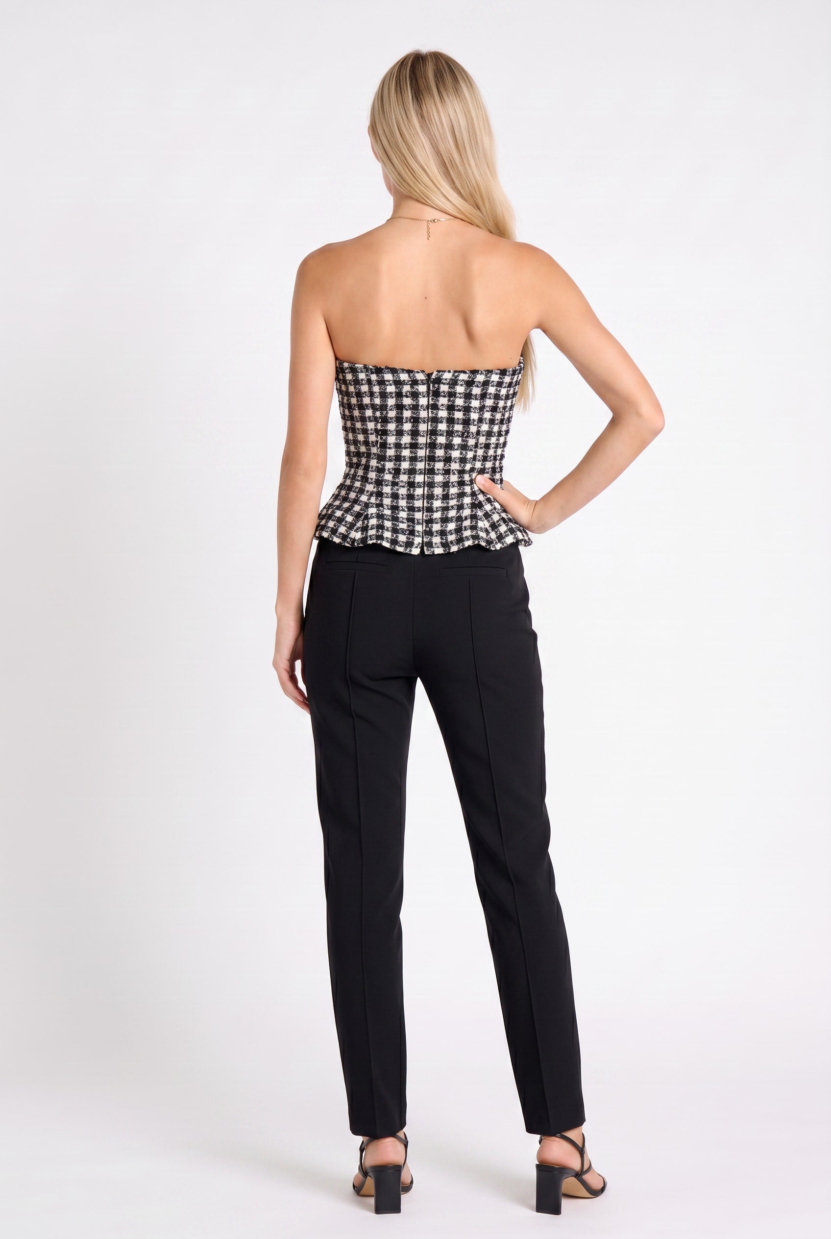 Black White Check Peplum Corset Top