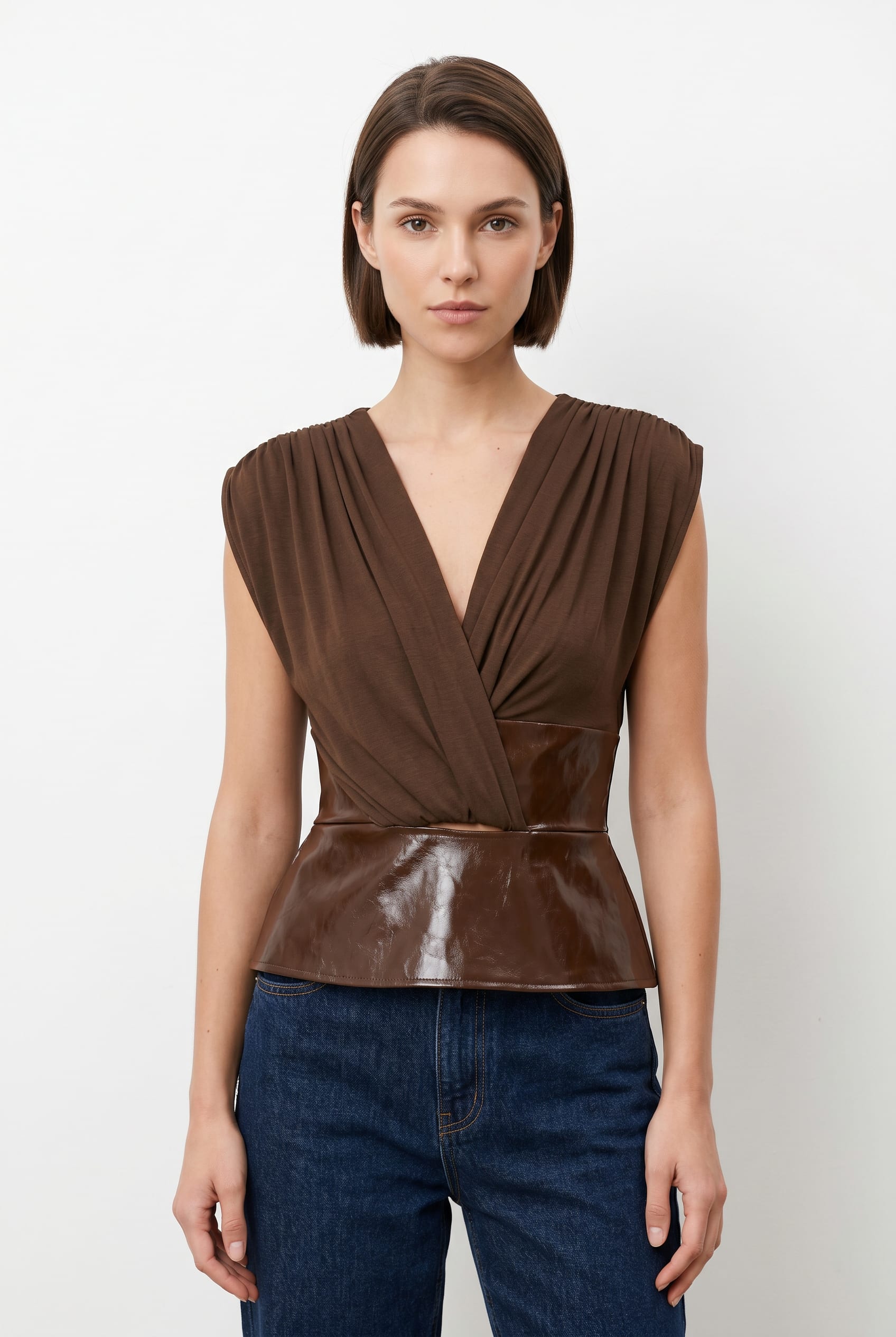 Brown Leather Peplum Wrap Top