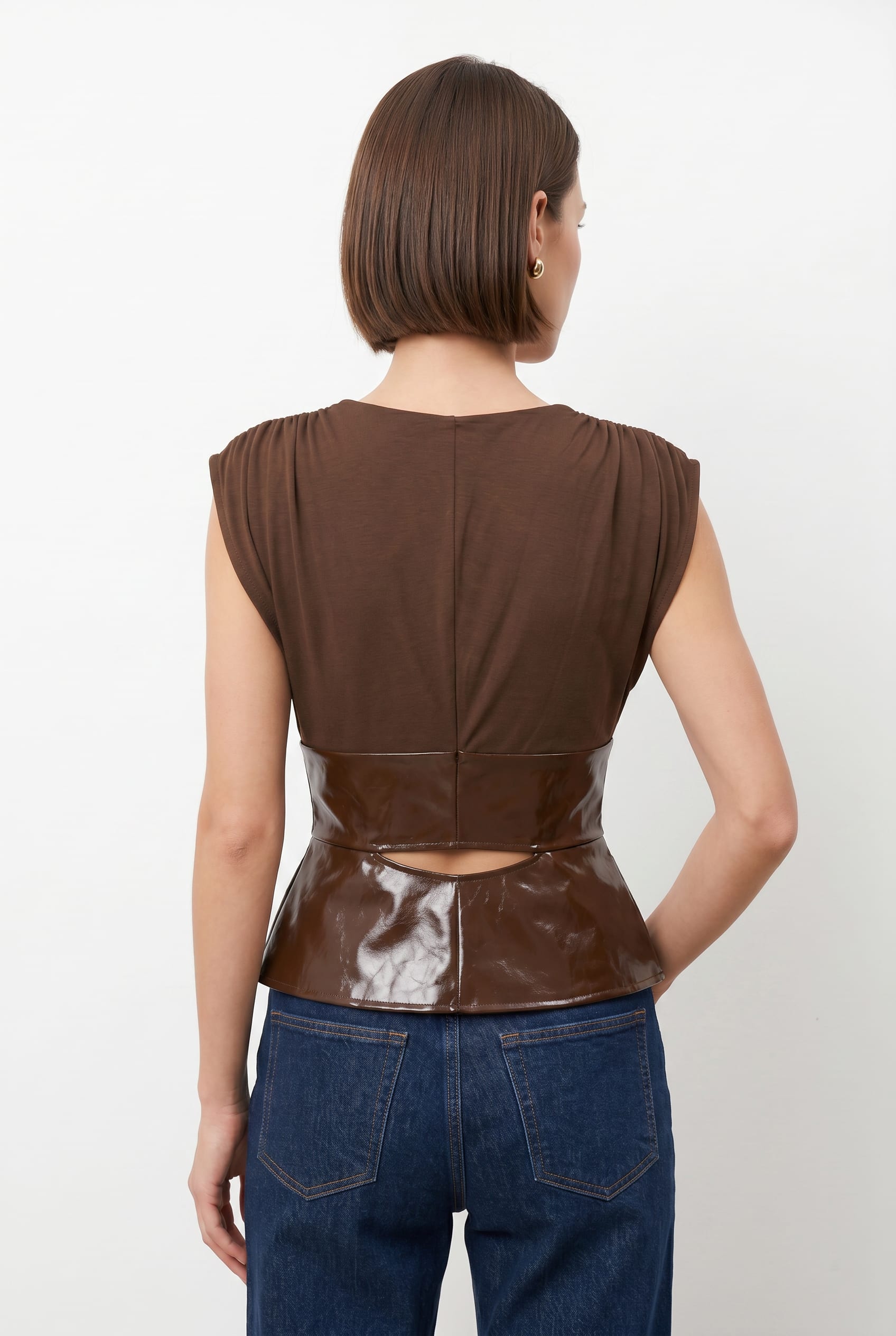 Brown Leather Peplum Wrap Top