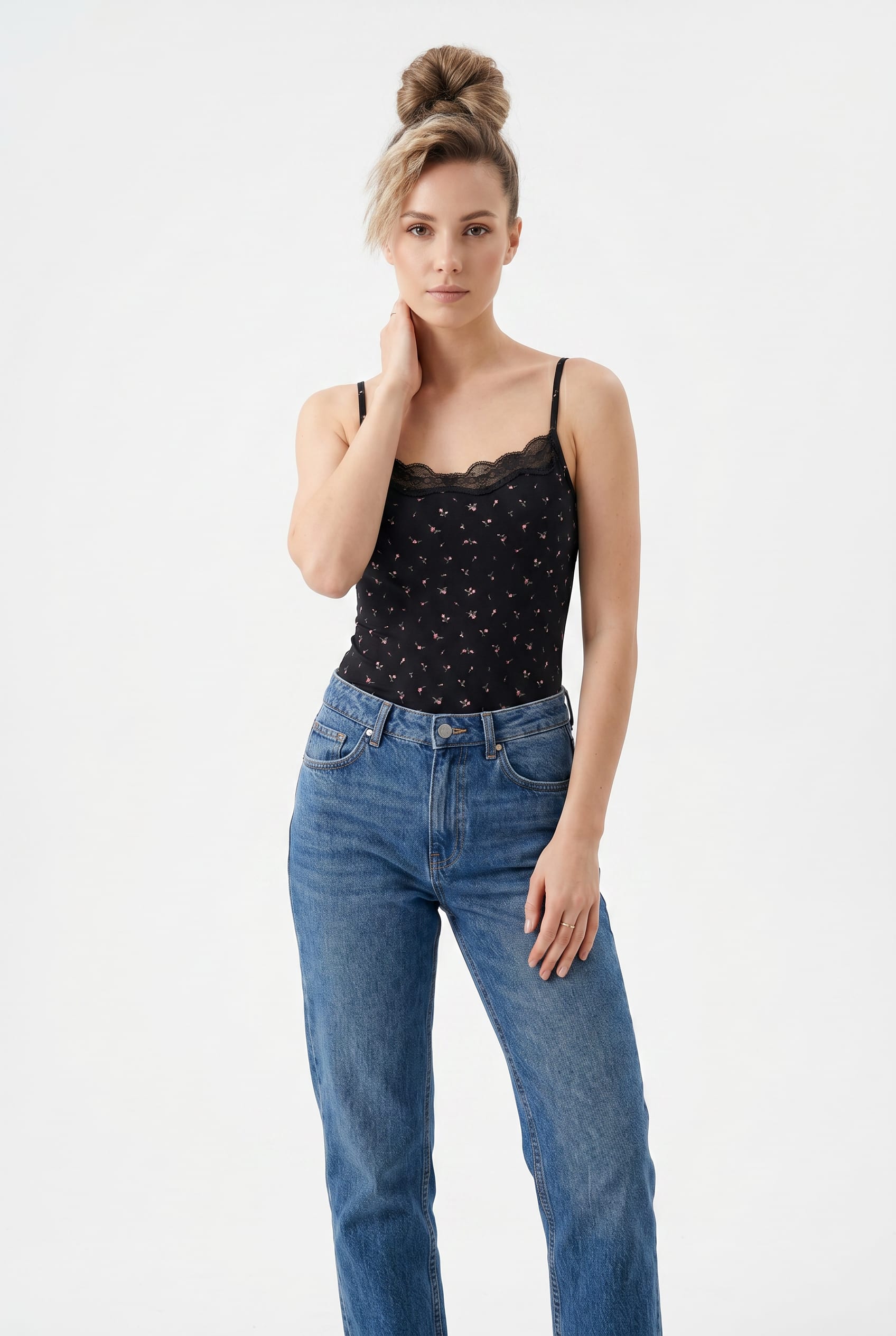 Black Floral Print Lace Trim Camisole