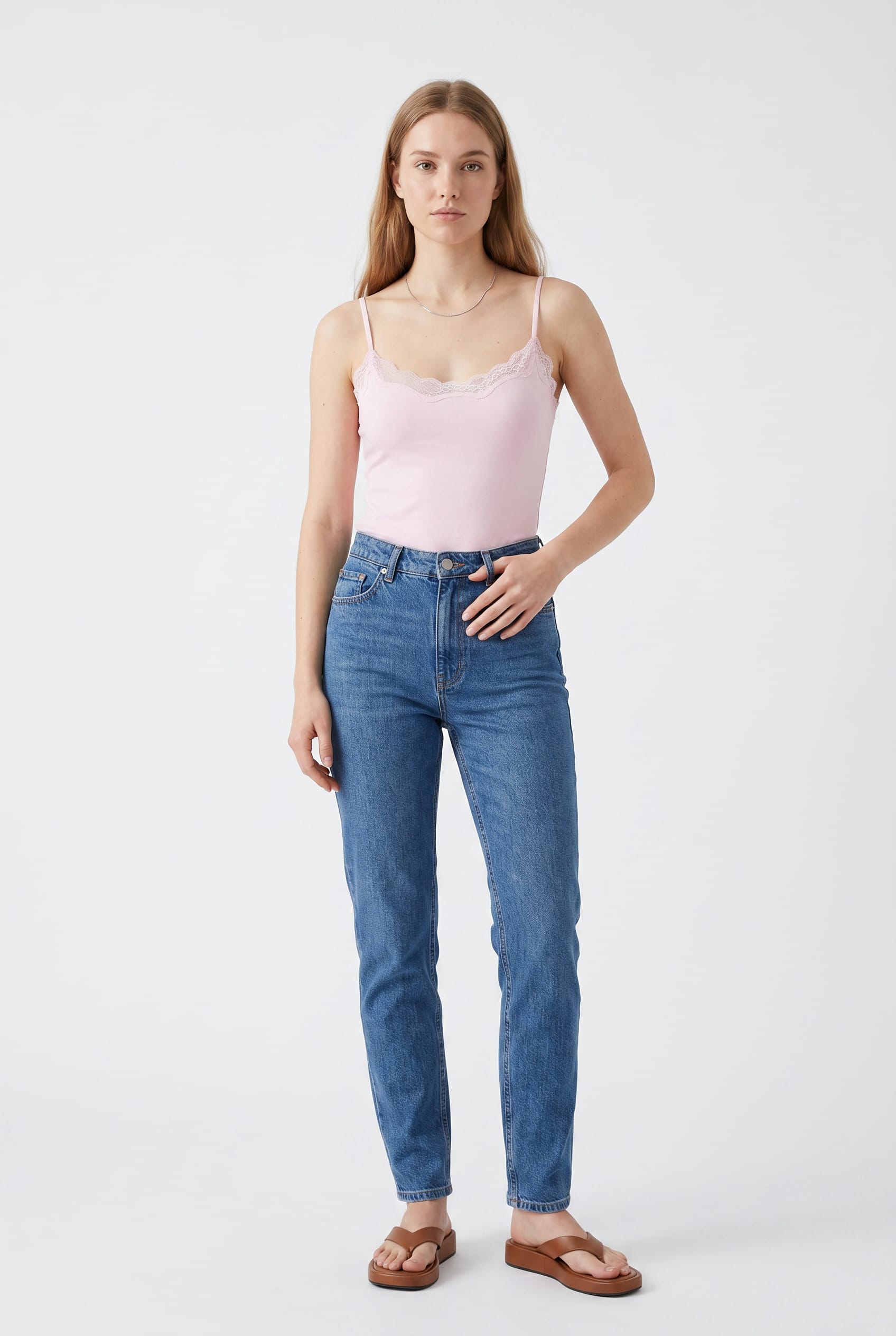 Mid-Blue High-Rise Straight Leg Denim Jeans