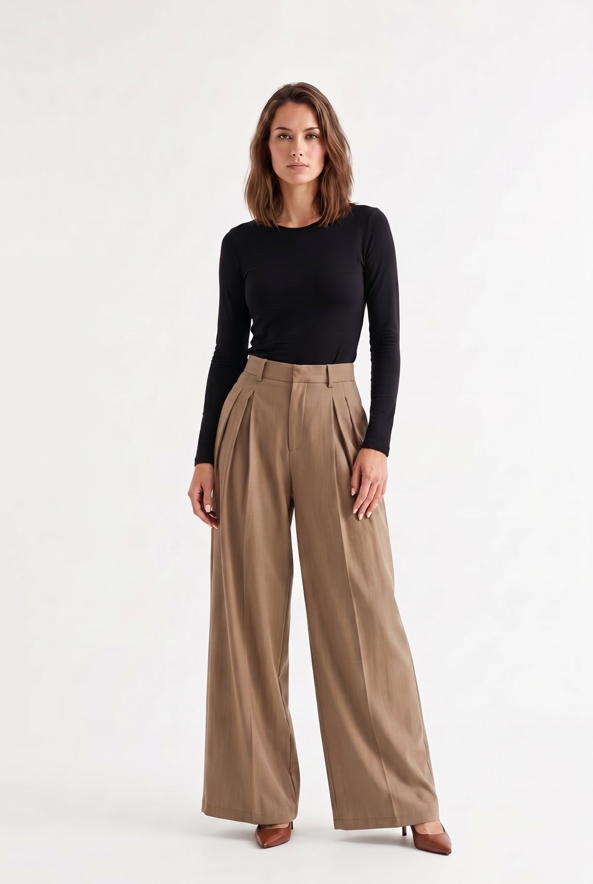 Mocha Wide Leg Pleated Trousers