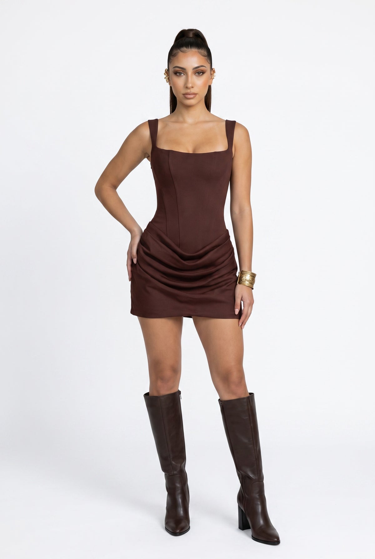 Brown Corset Ruched Mini Dress