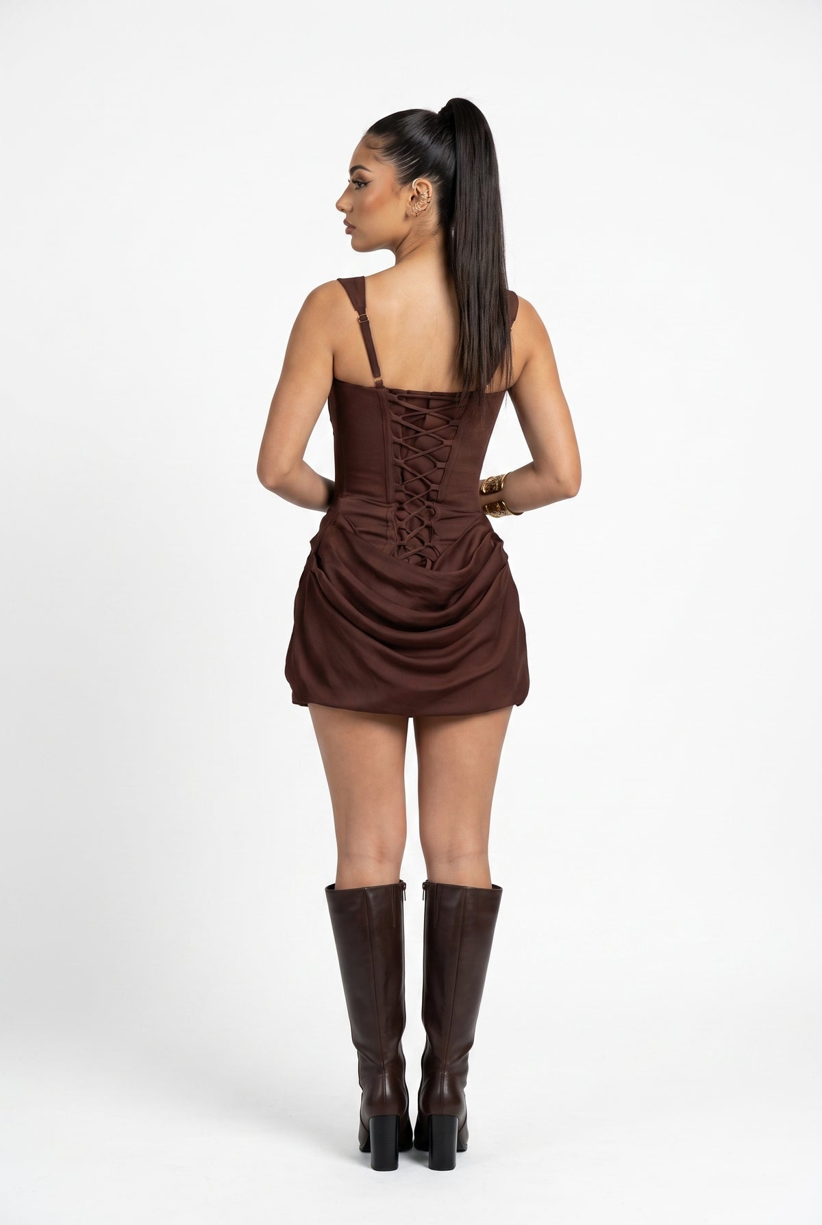Brown Corset Ruched Mini Dress