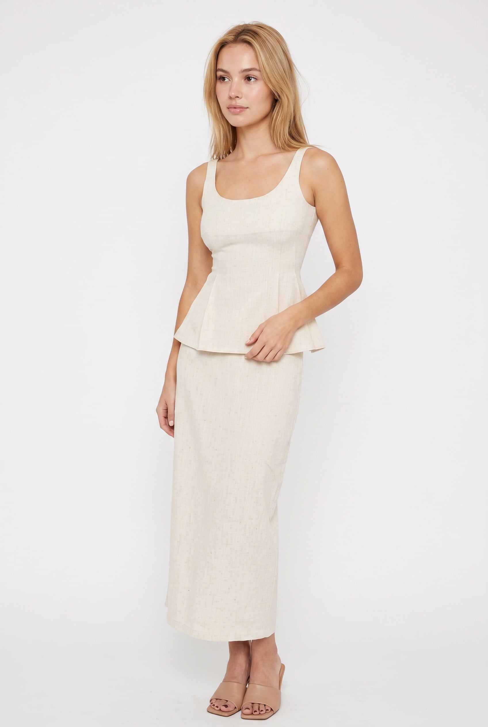Cream Linen Peplum Top Midi Skirt Set