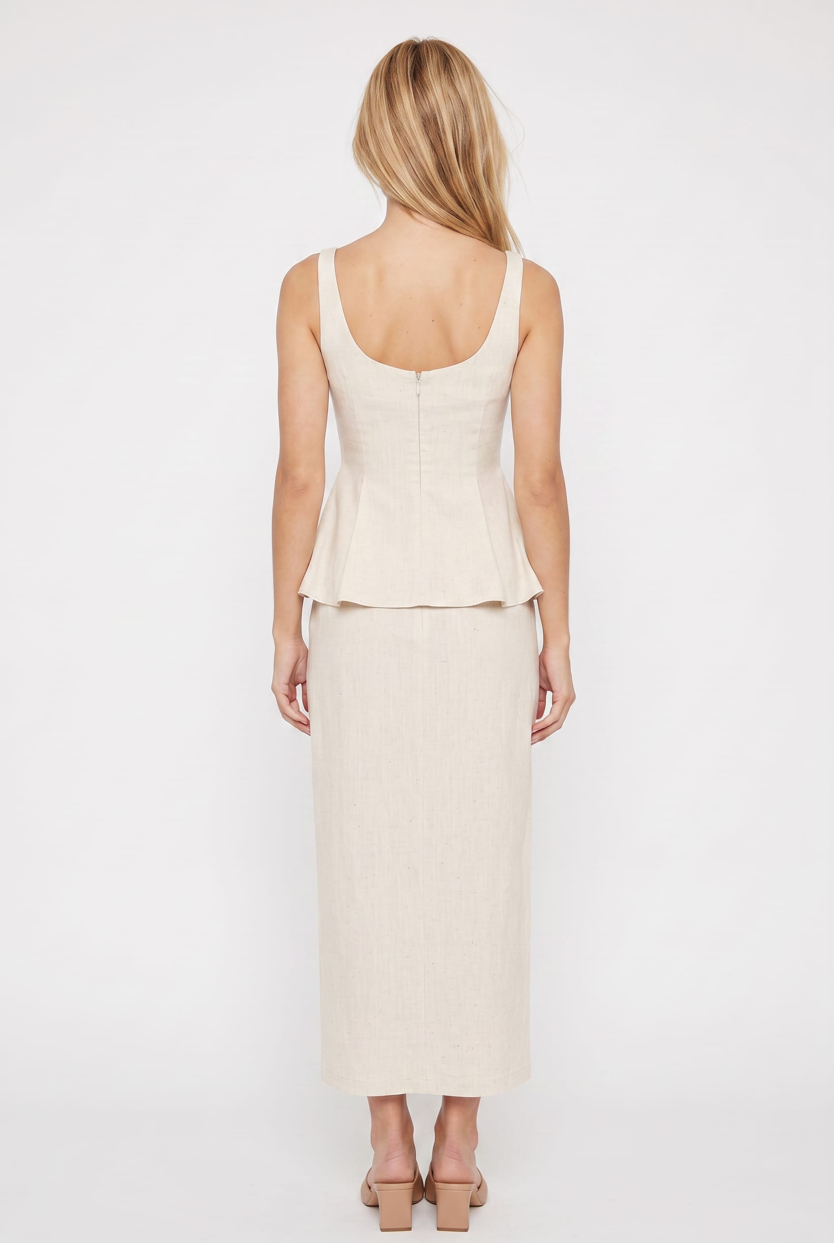 Cream Linen Peplum Top Midi Skirt Set