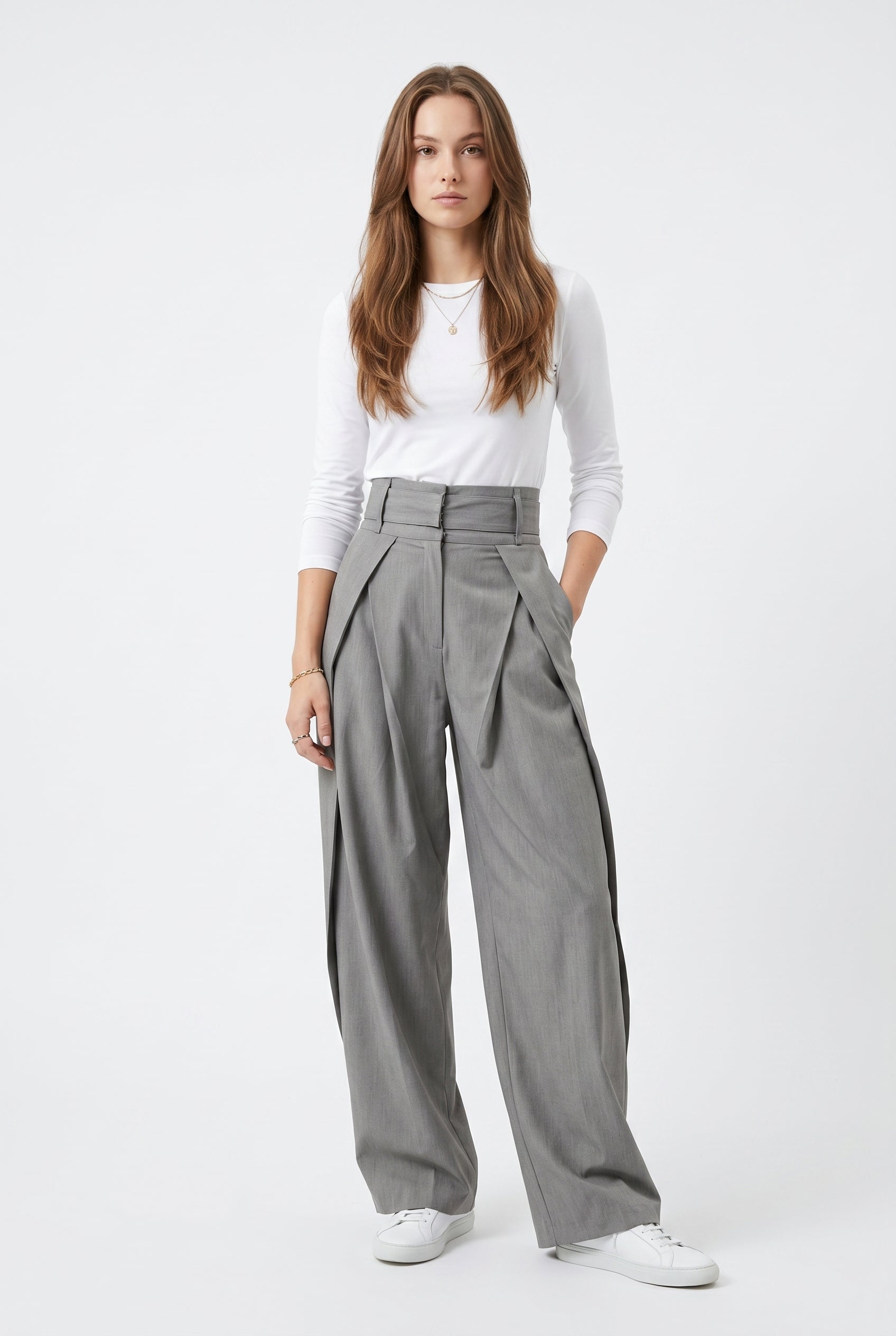Grey High-Waisted Wide-Leg Pleated Trousers