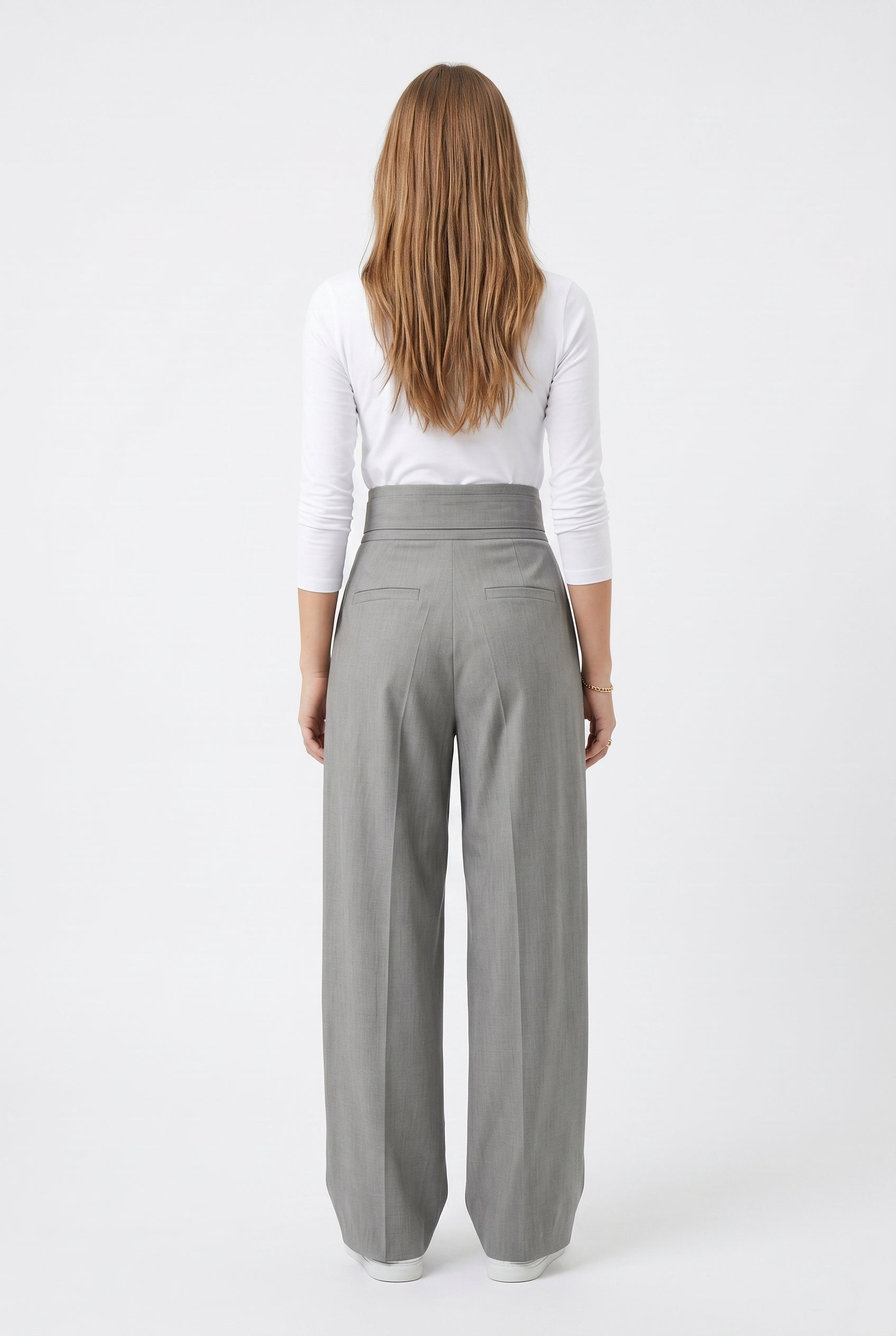 Grey High-Waisted Wide-Leg Pleated Trousers