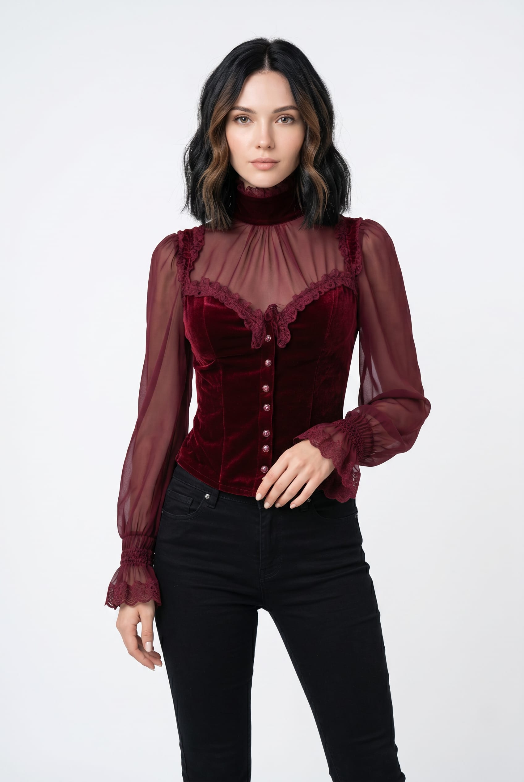 Burgundy Velvet Victorian Lace Blouse