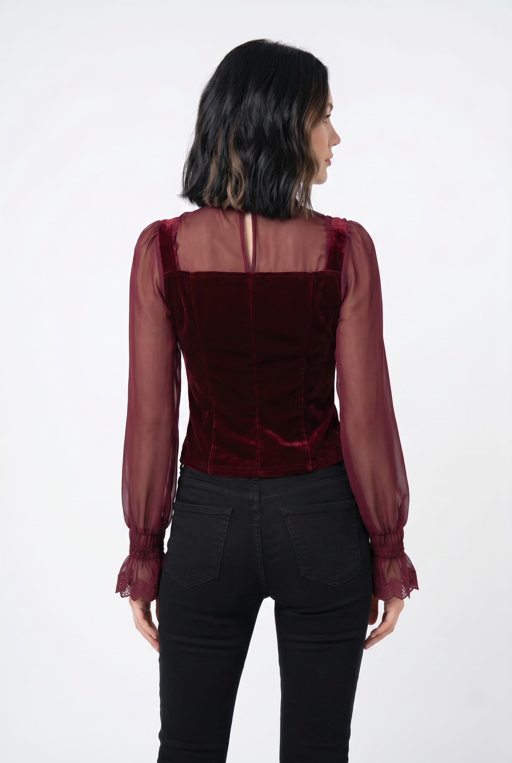 Burgundy Velvet Victorian Lace Blouse