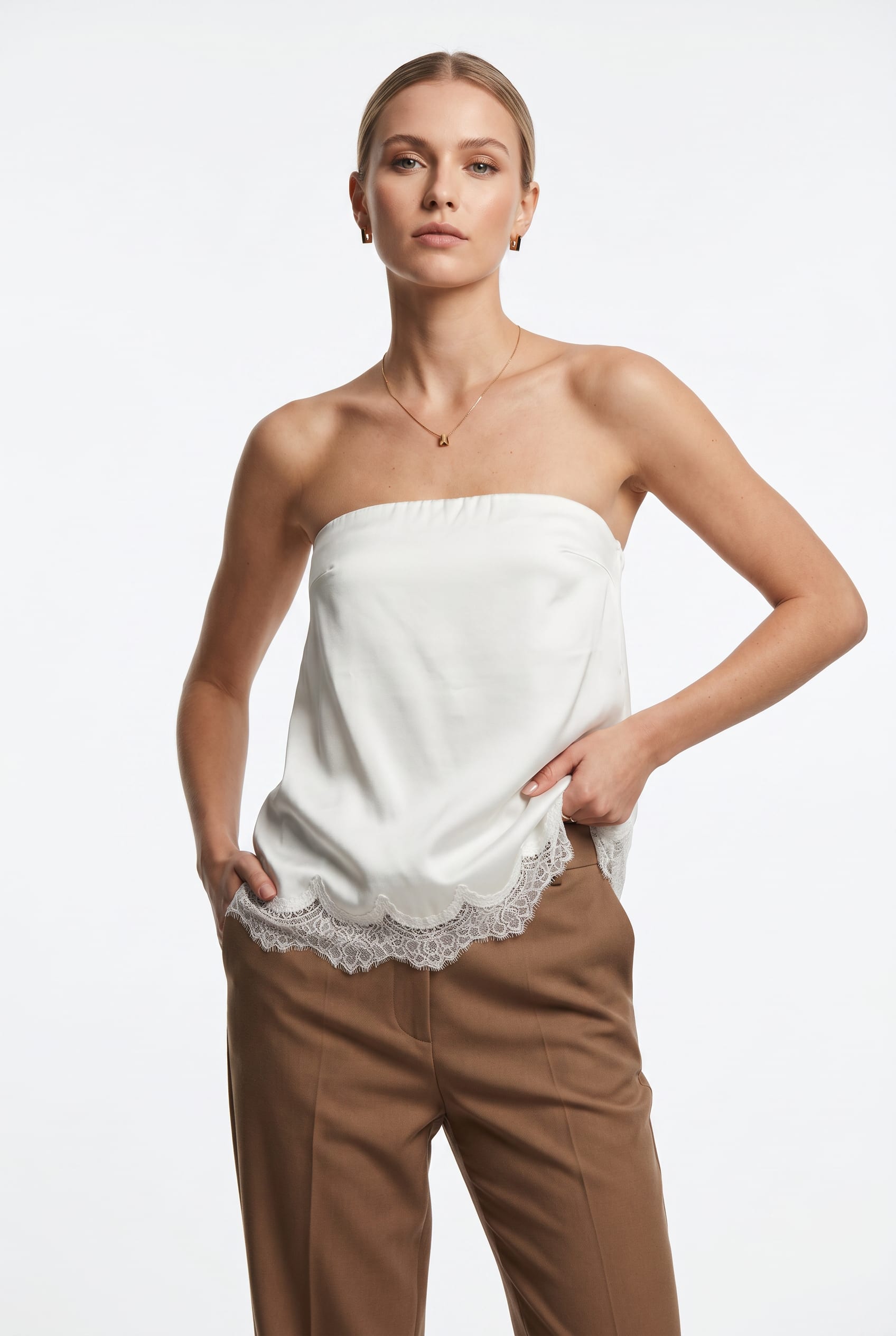 Ivory Silk Lace-Trim Tube Top
