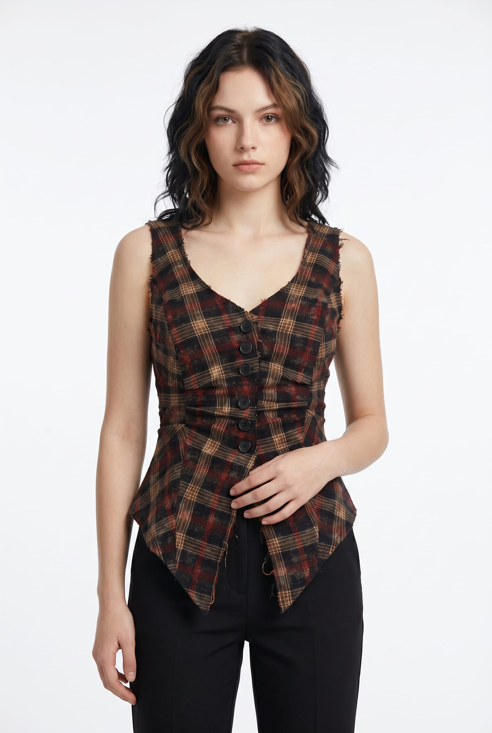 Plaid Button-Front Vest with Raw Edges