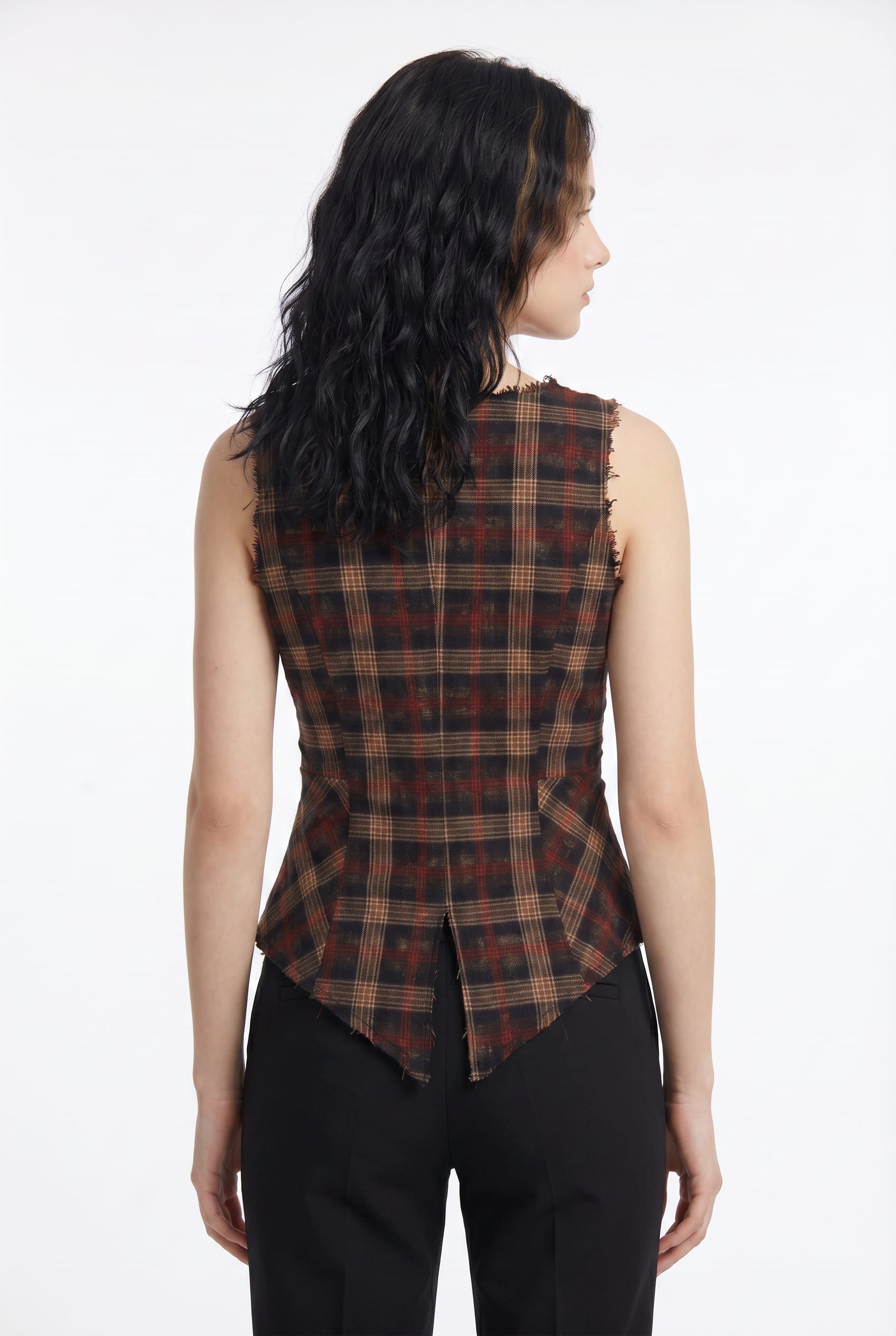 Plaid Button-Front Vest with Raw Edges