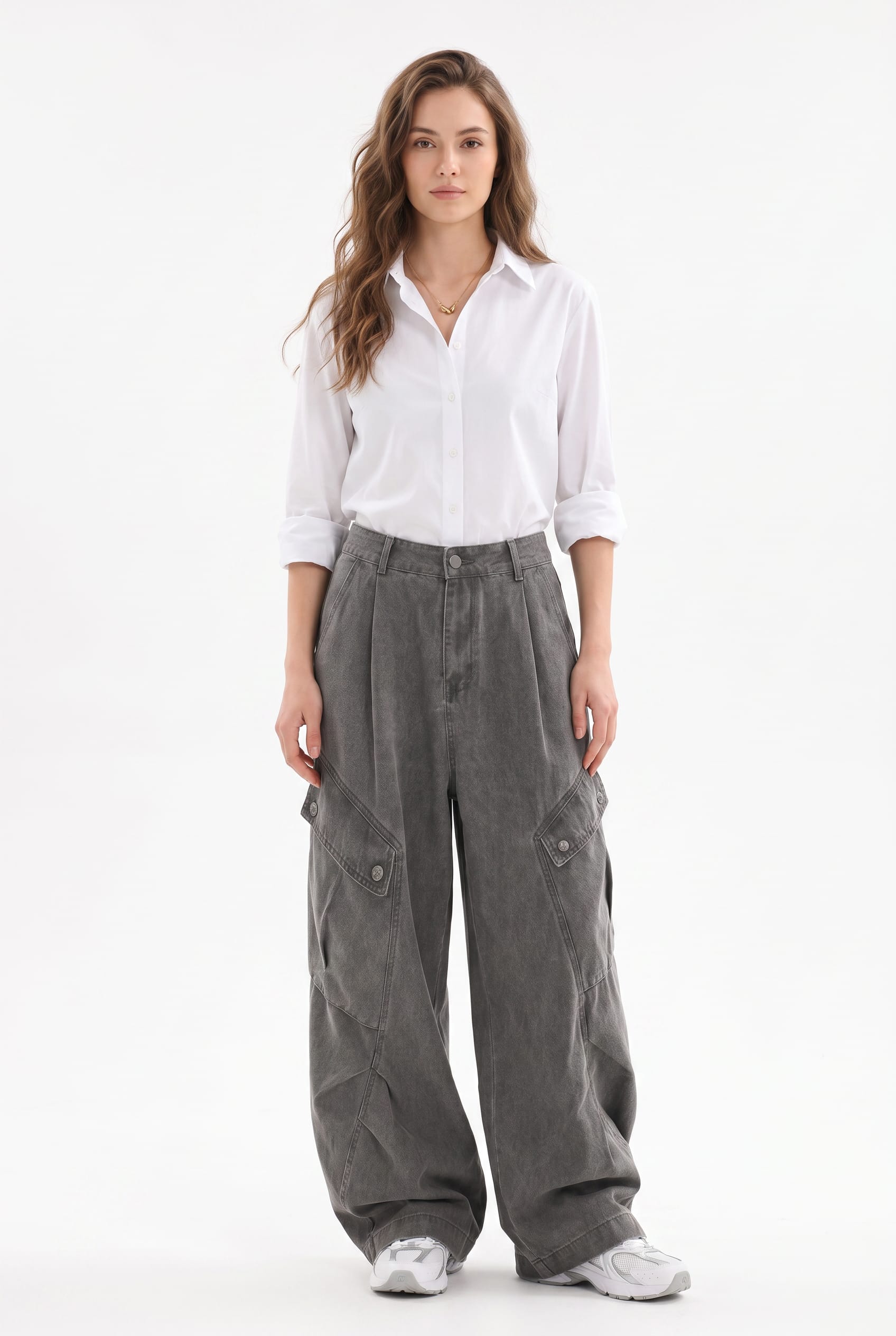 Charcoal Grey Wide-Leg Cargo Trousers
