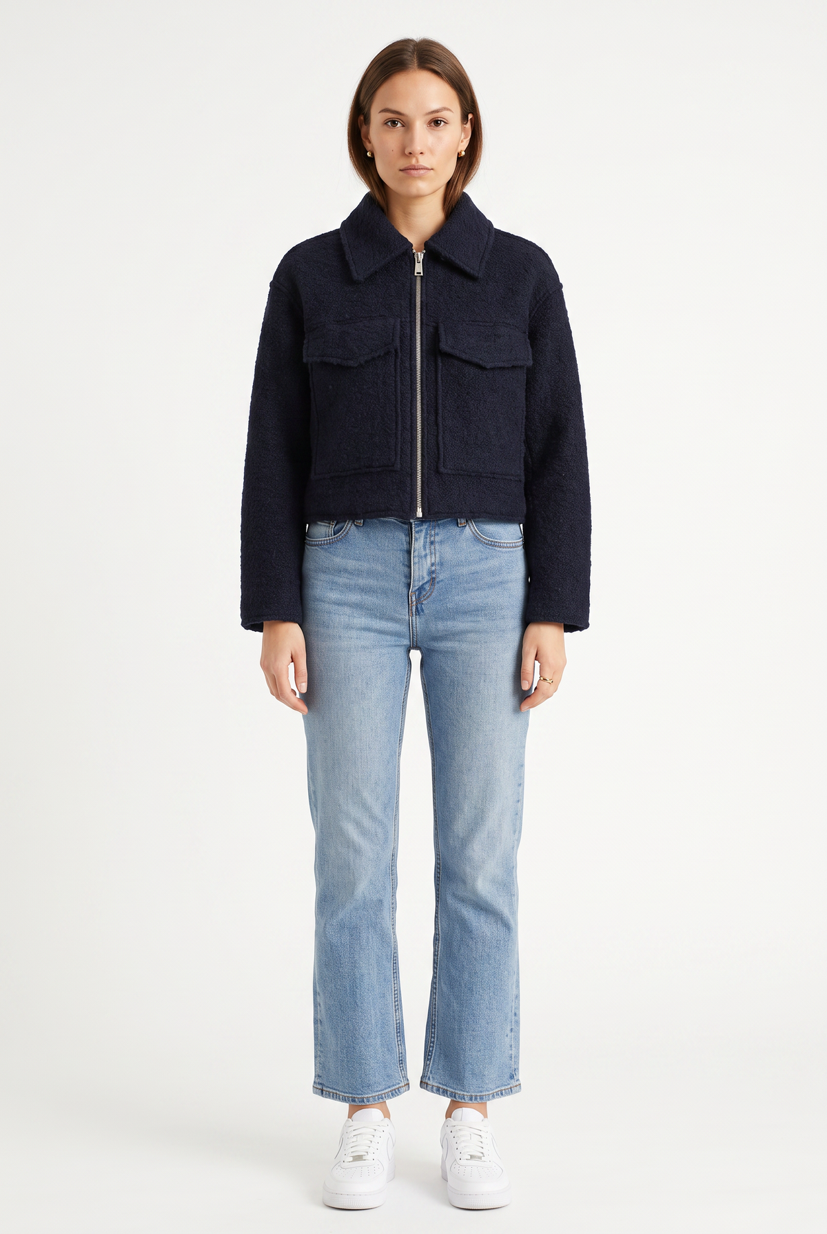 Navy Bouclé Cropped Zip Jacket