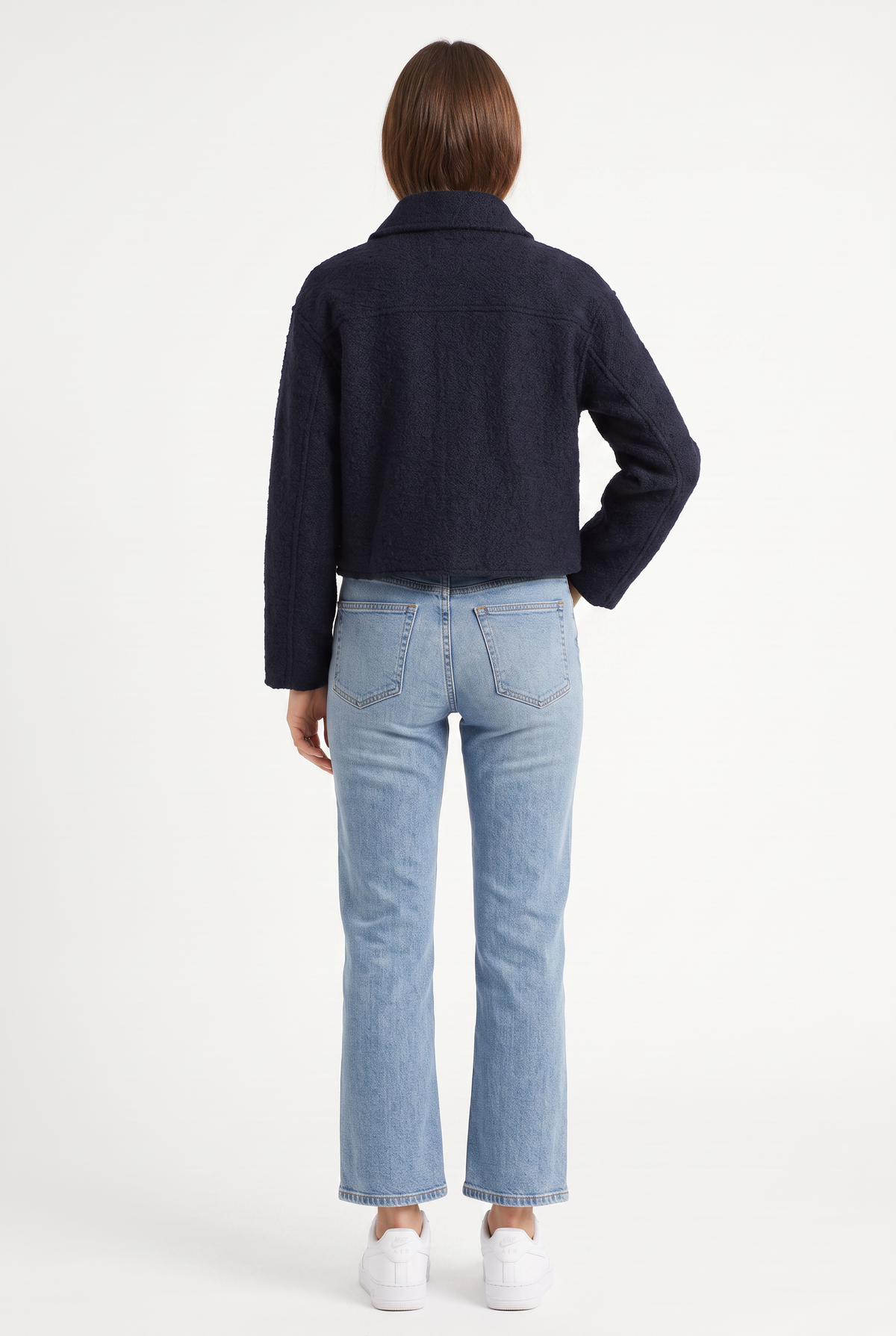 Navy Bouclé Cropped Zip Jacket