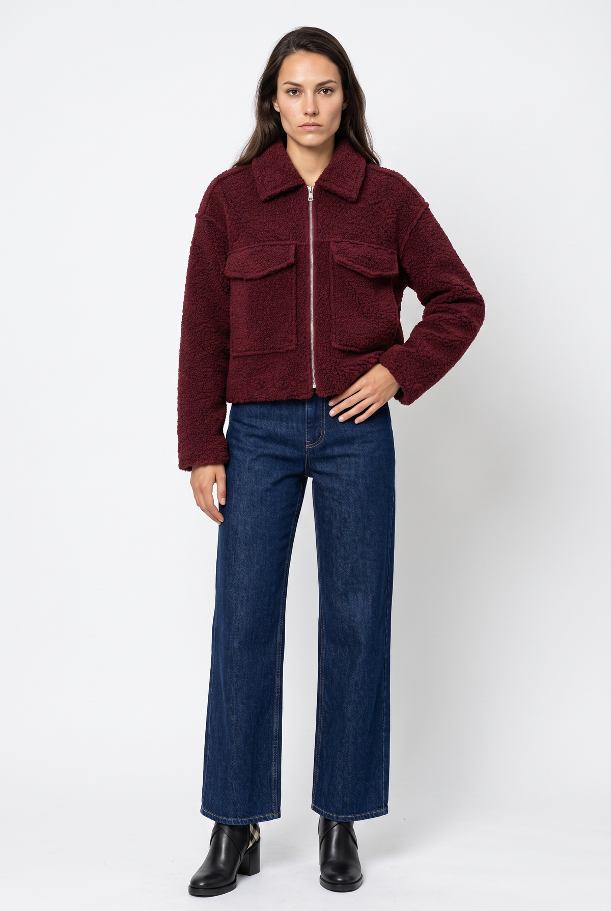 Burgundy Teddy Fleece Cropped Jacket