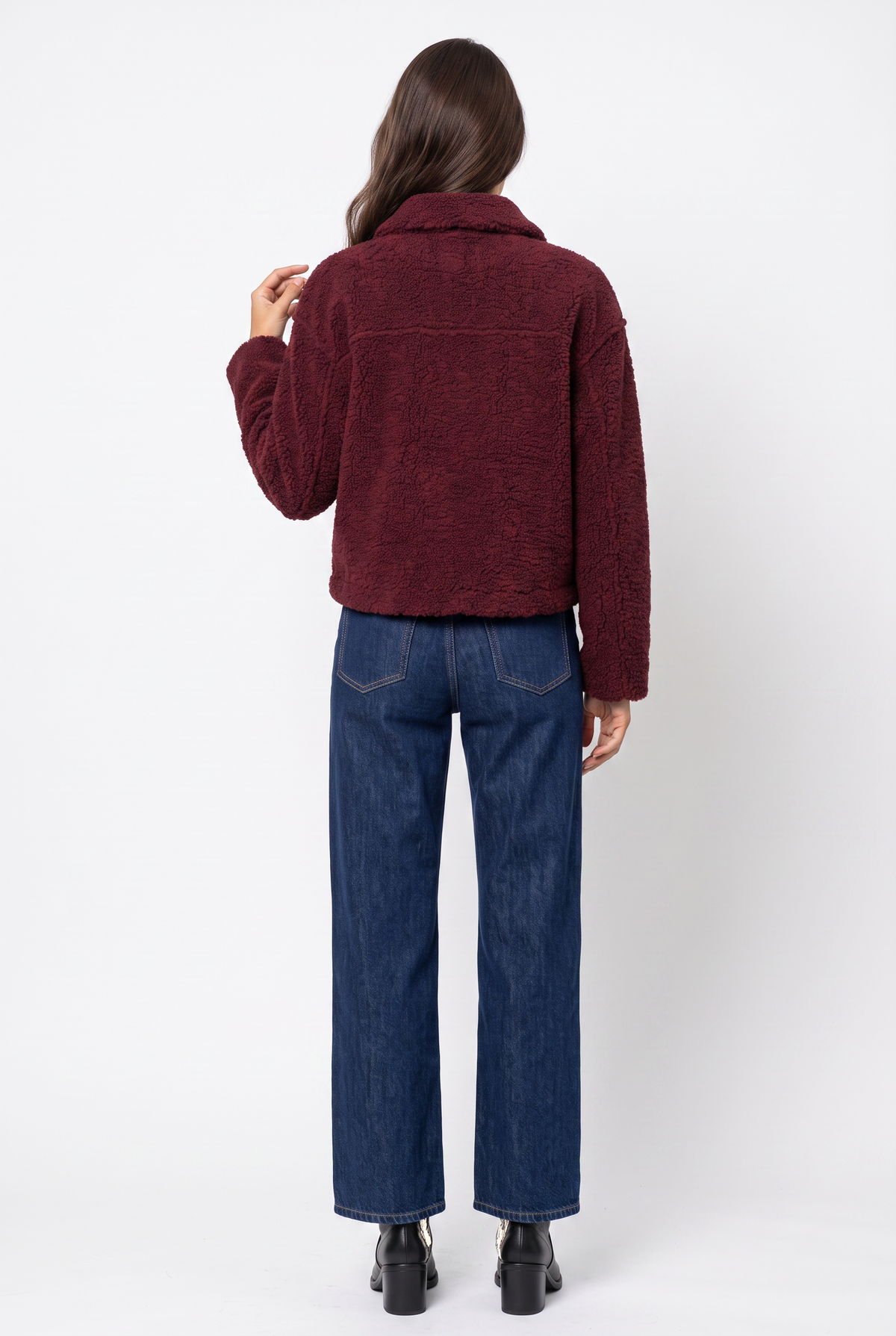 Burgundy Teddy Fleece Cropped Jacket