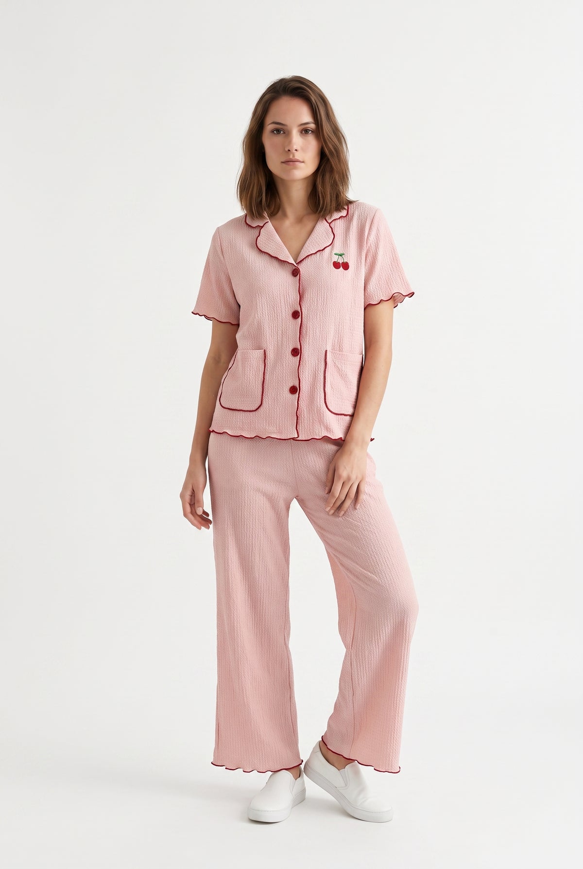 Pink Cherry Embroidered Pyjama Set
