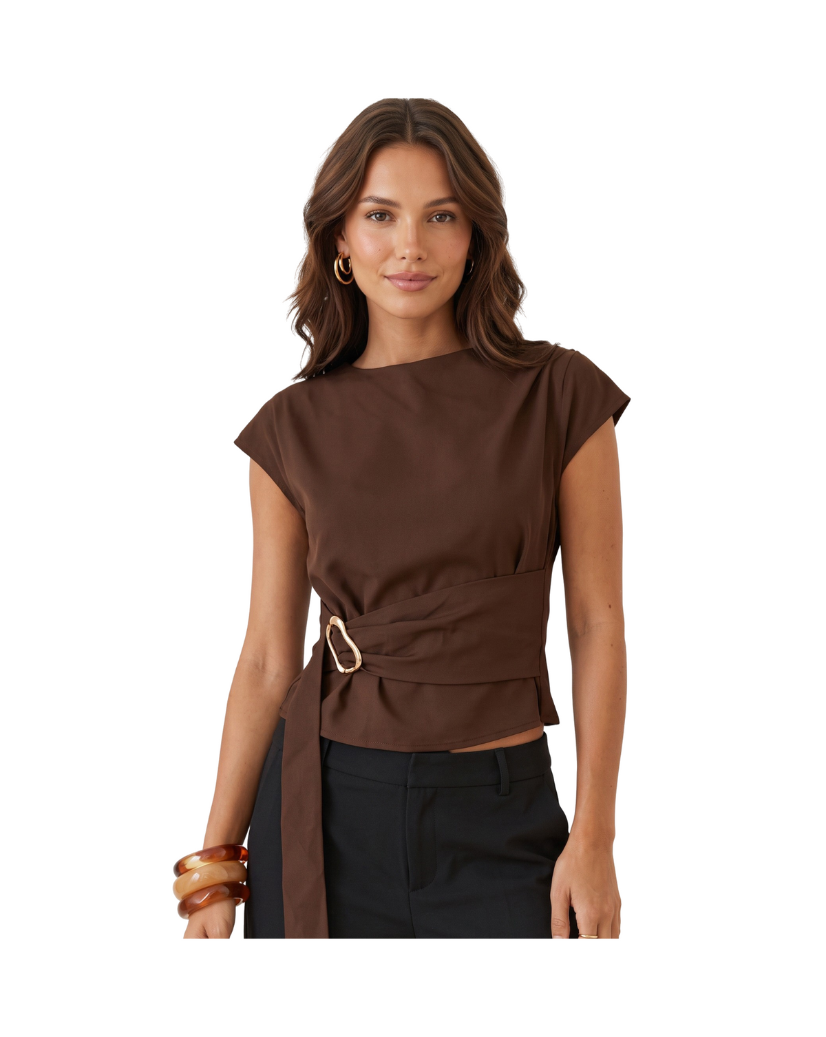 Brown Structured Cap Sleeve Blouse