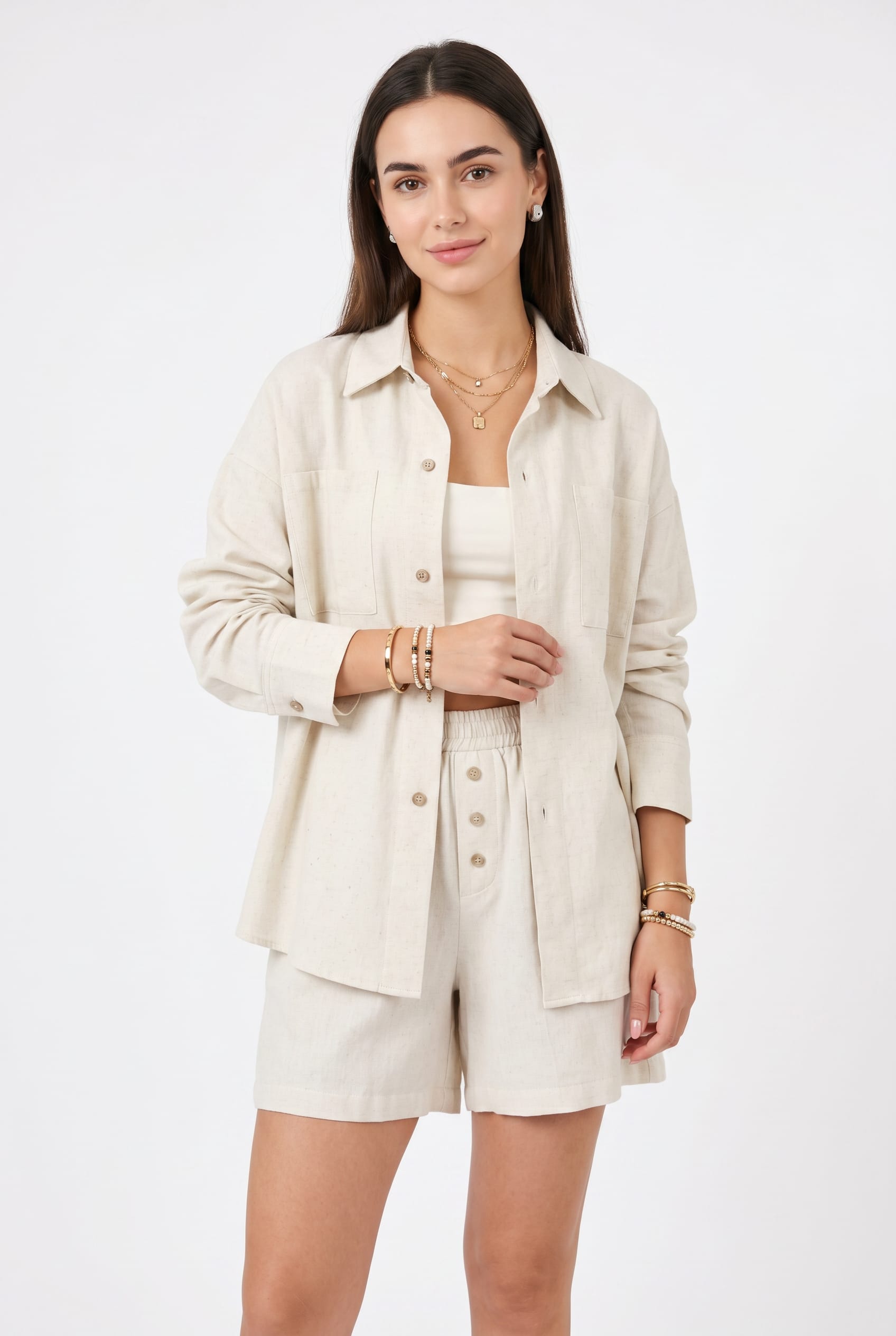 Cream Linen Oversized Shirt Shorts Set