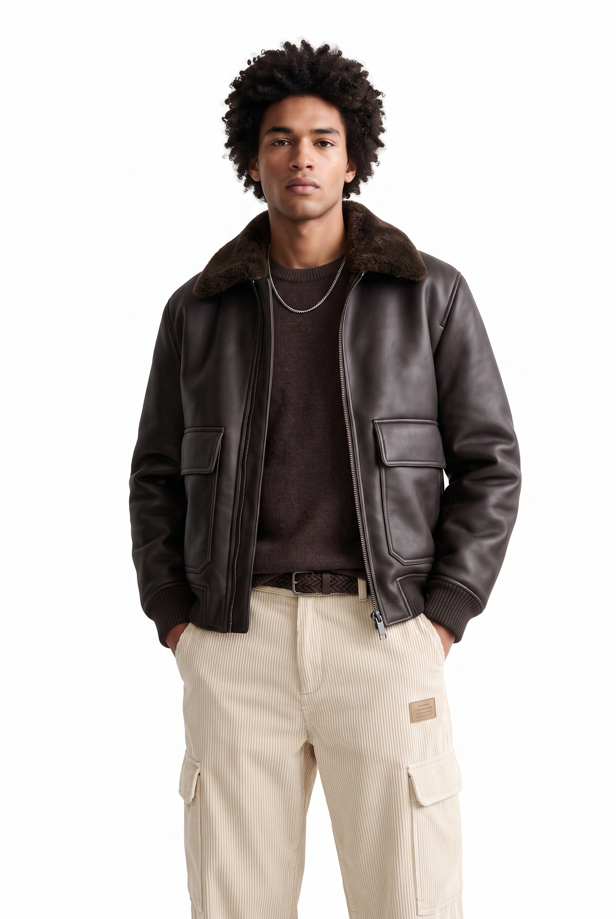 Shearling Collar Brown Leather Jacket