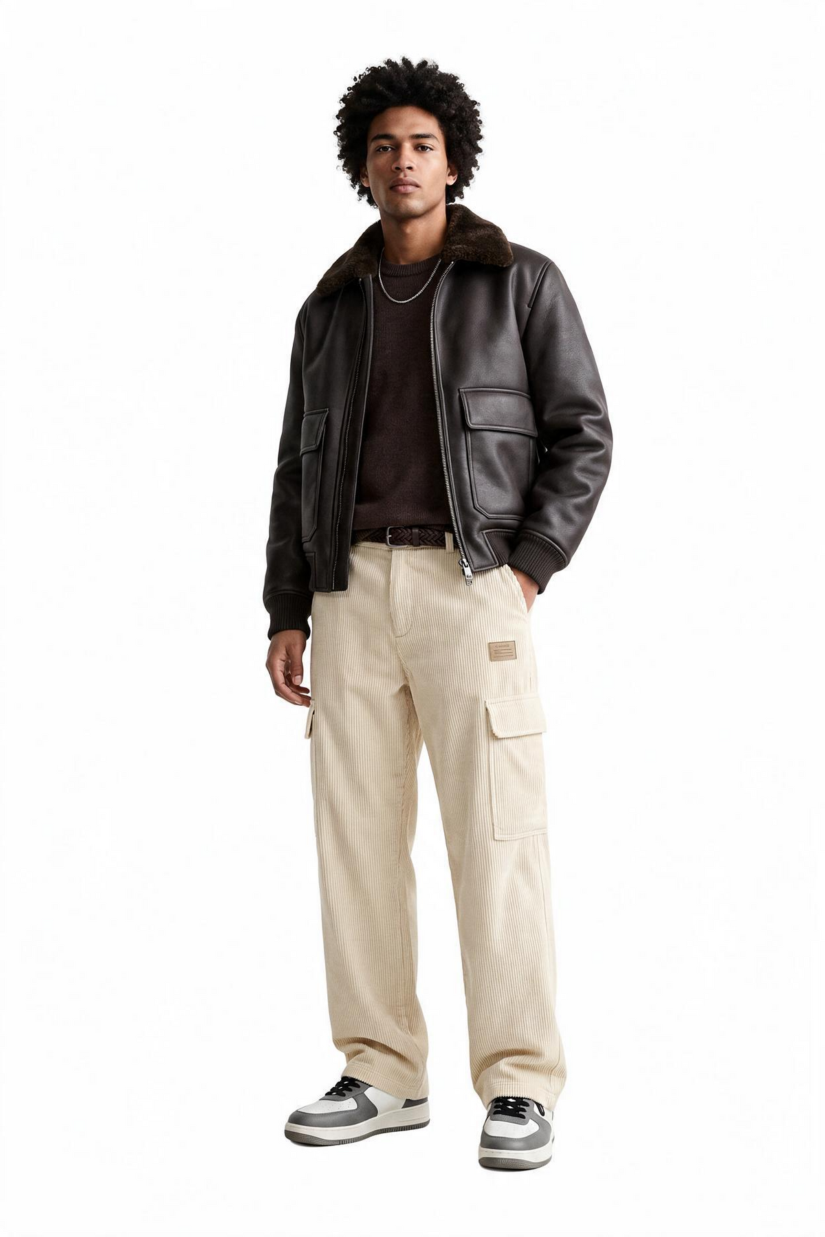 Shearling Collar Brown Leather Jacket