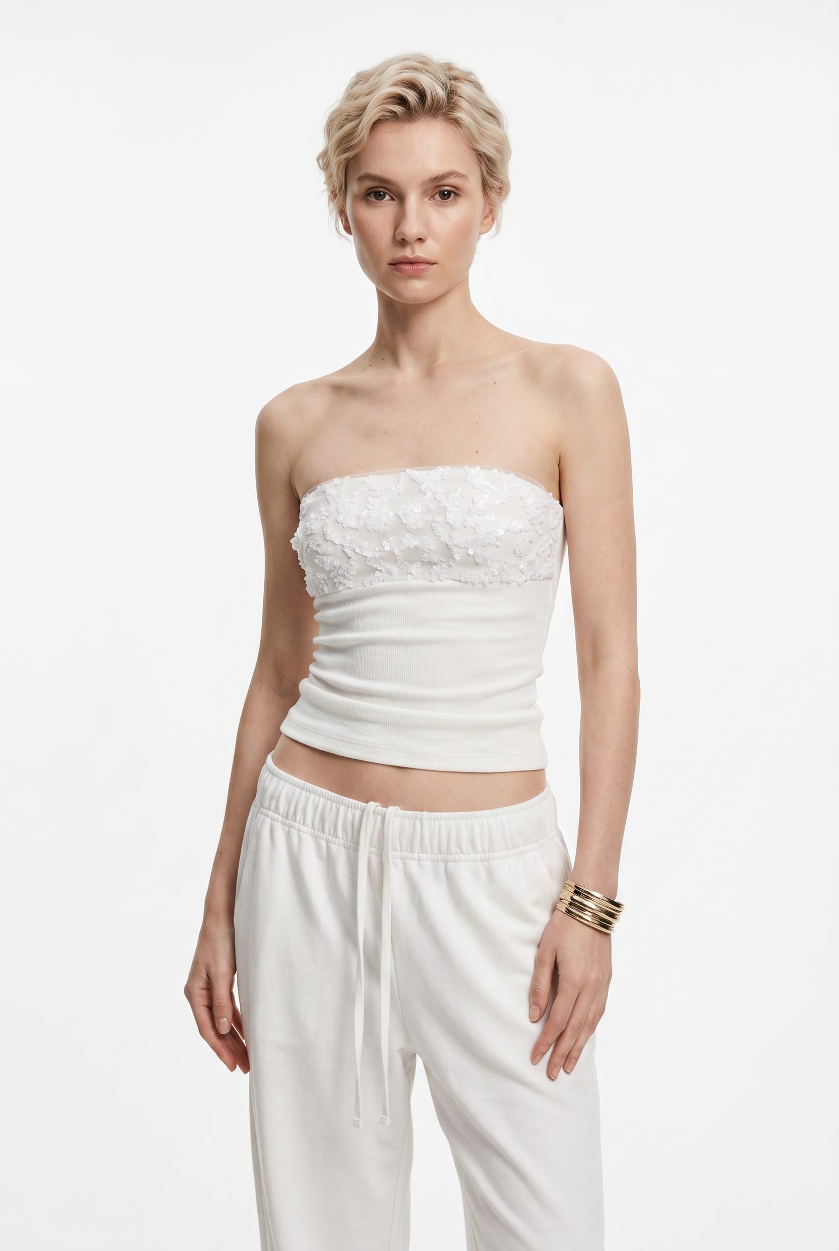 White Floral Embellished Tube Top