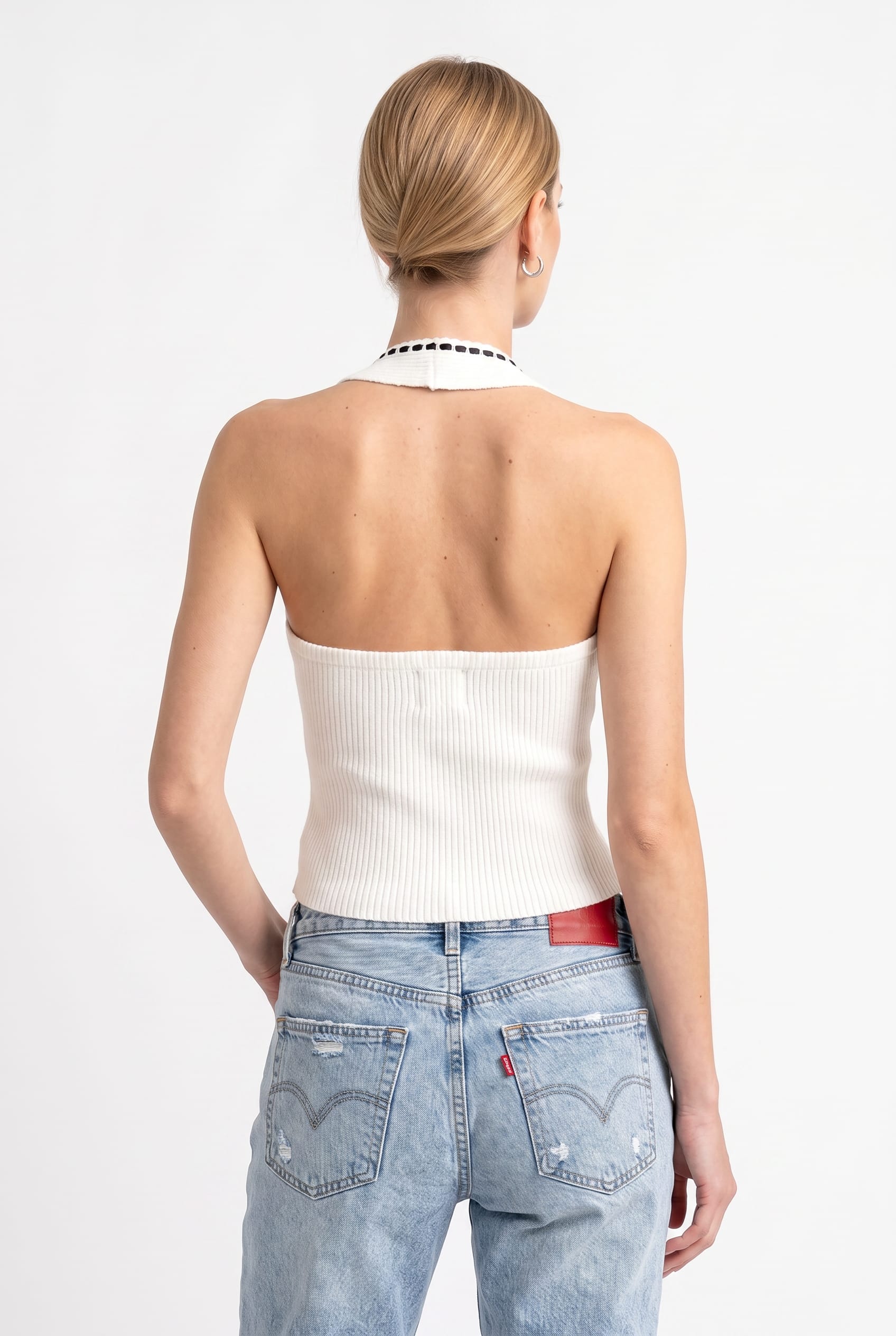 White Ribbed Halter Neck Tie-Front Top