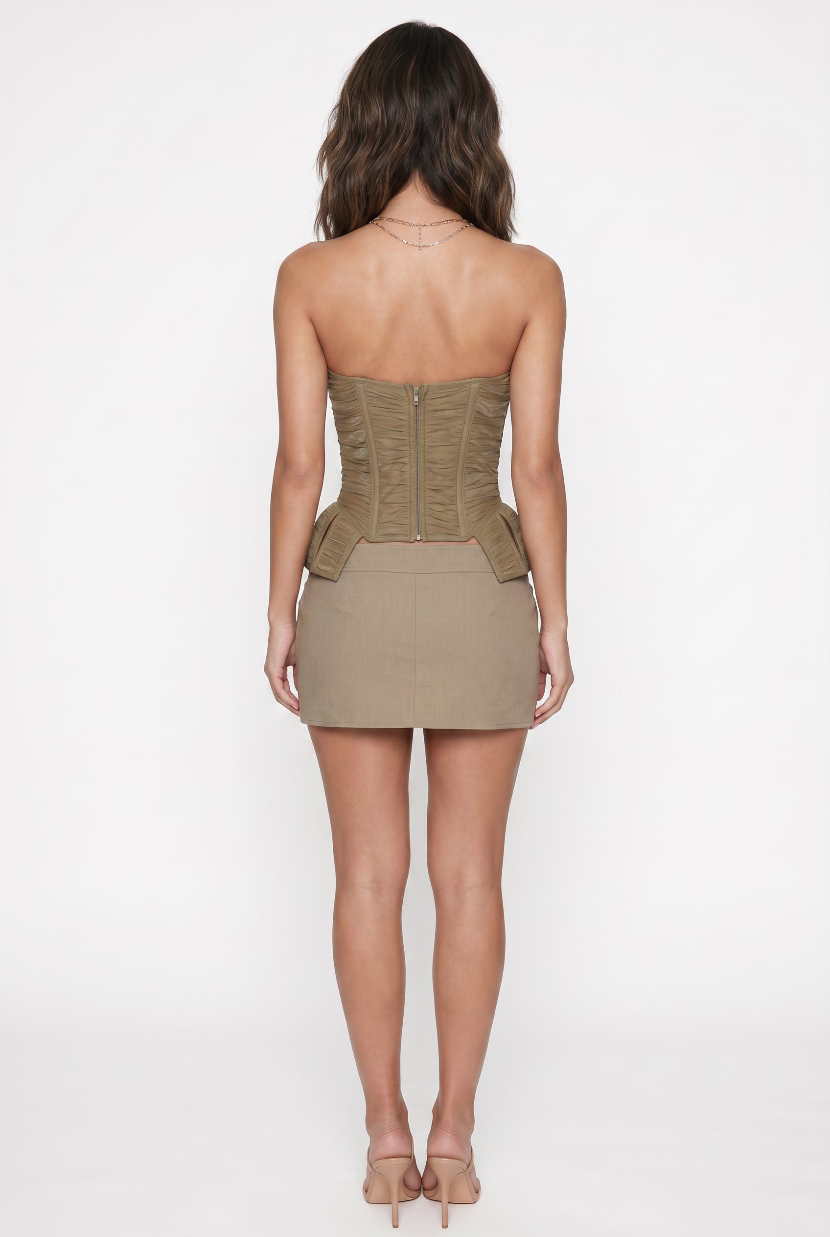 Olive Ruched Corset With Peplum Detail