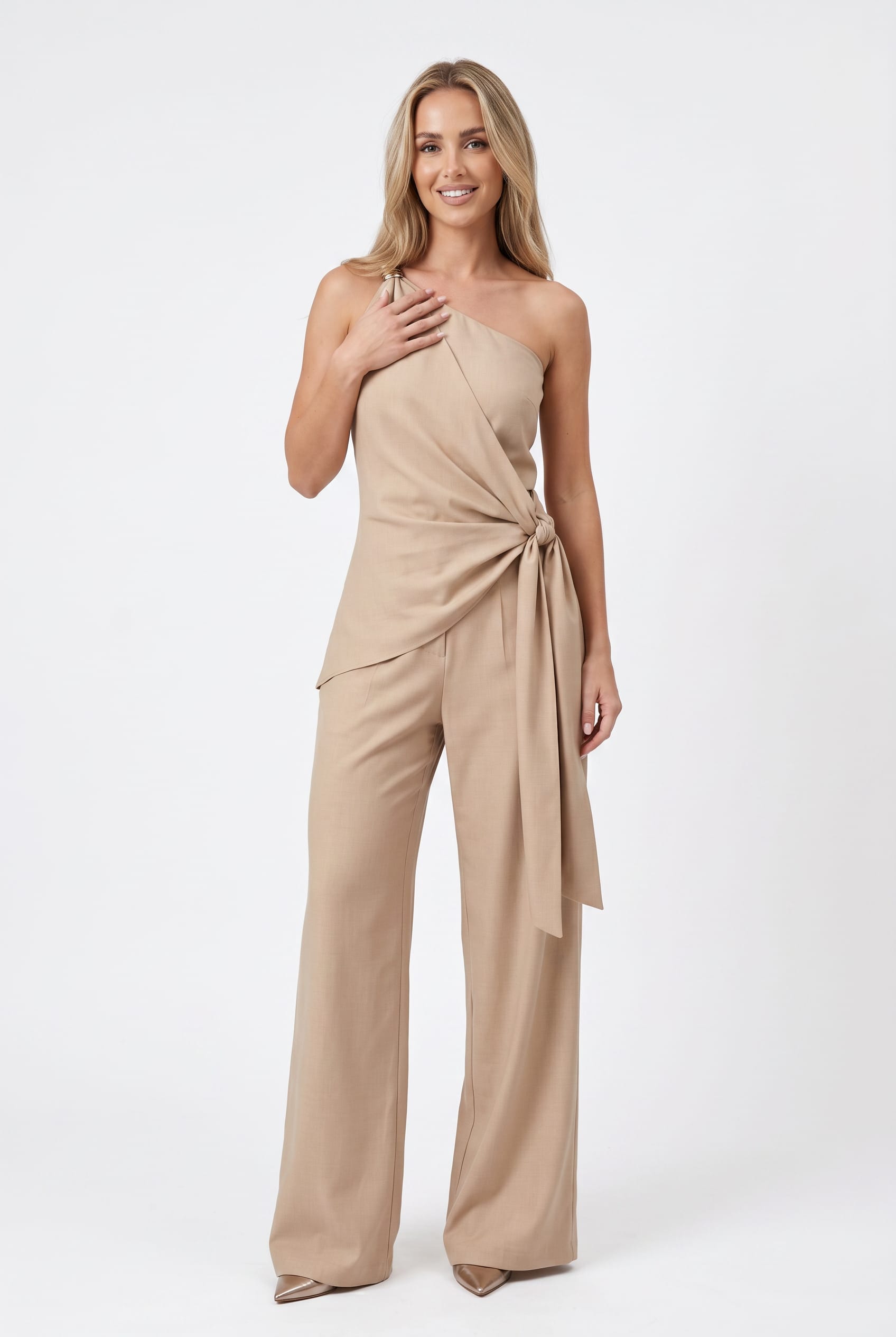 Beige One-Shoulder Wrap Co-ord Set