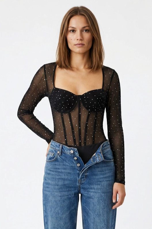 Black Crystal Mesh Corset Bodysuit