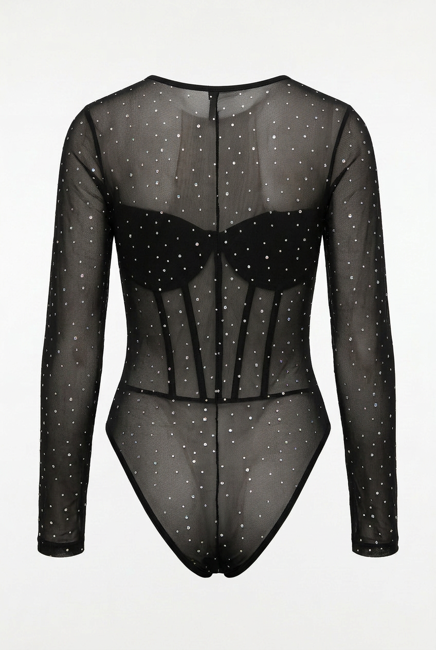 Black Crystal Mesh Corset Bodysuit