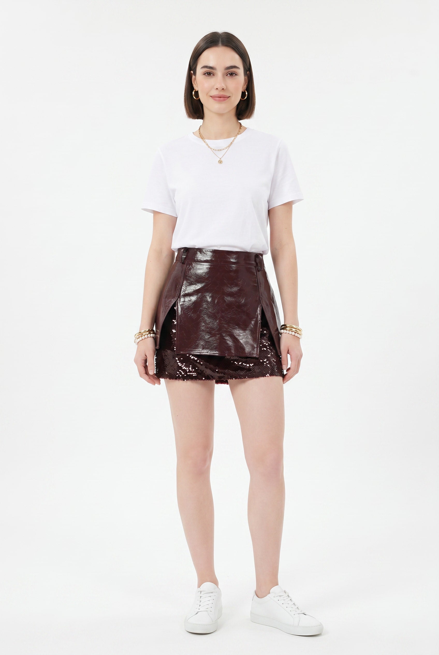Burgundy Patent Leather Sequin Mini Skirt