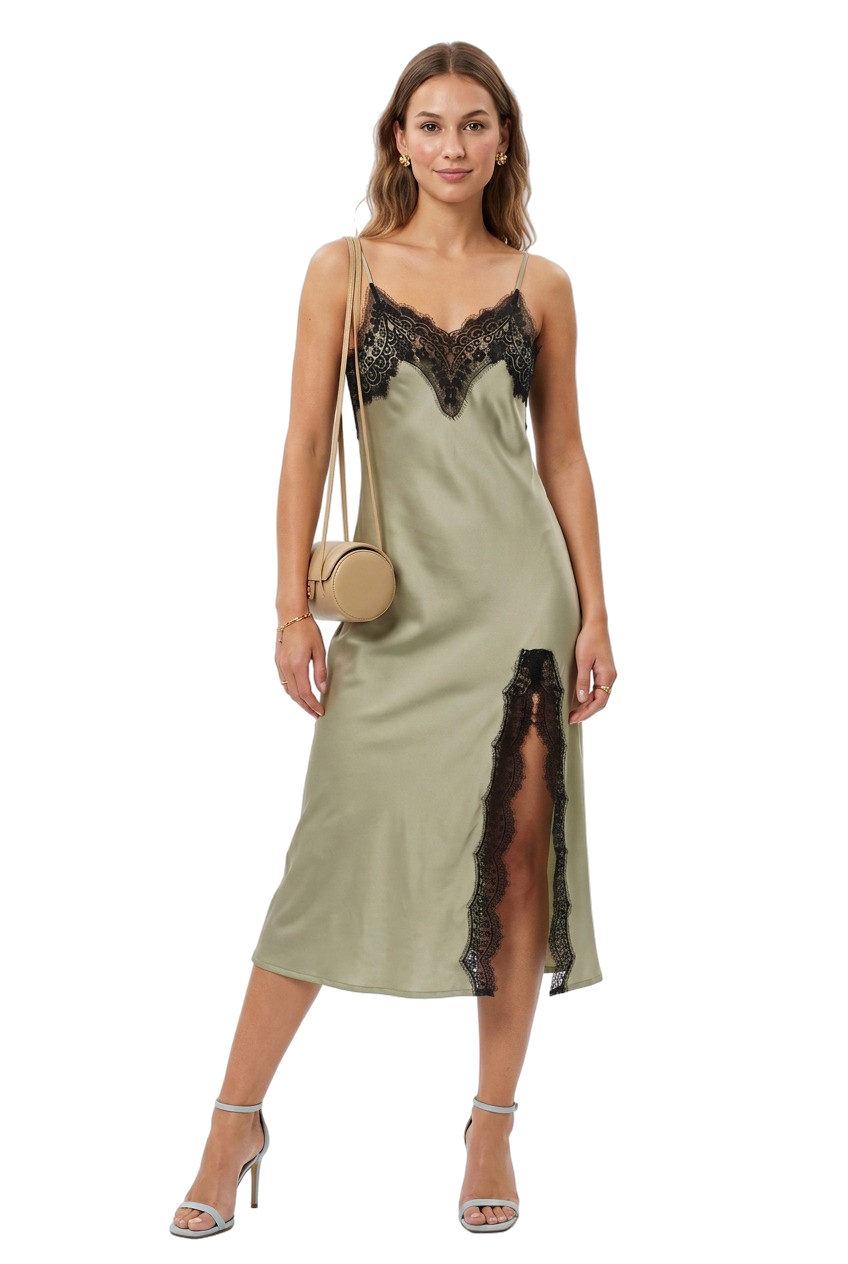 Sage Green Lace Trim Slip Dress