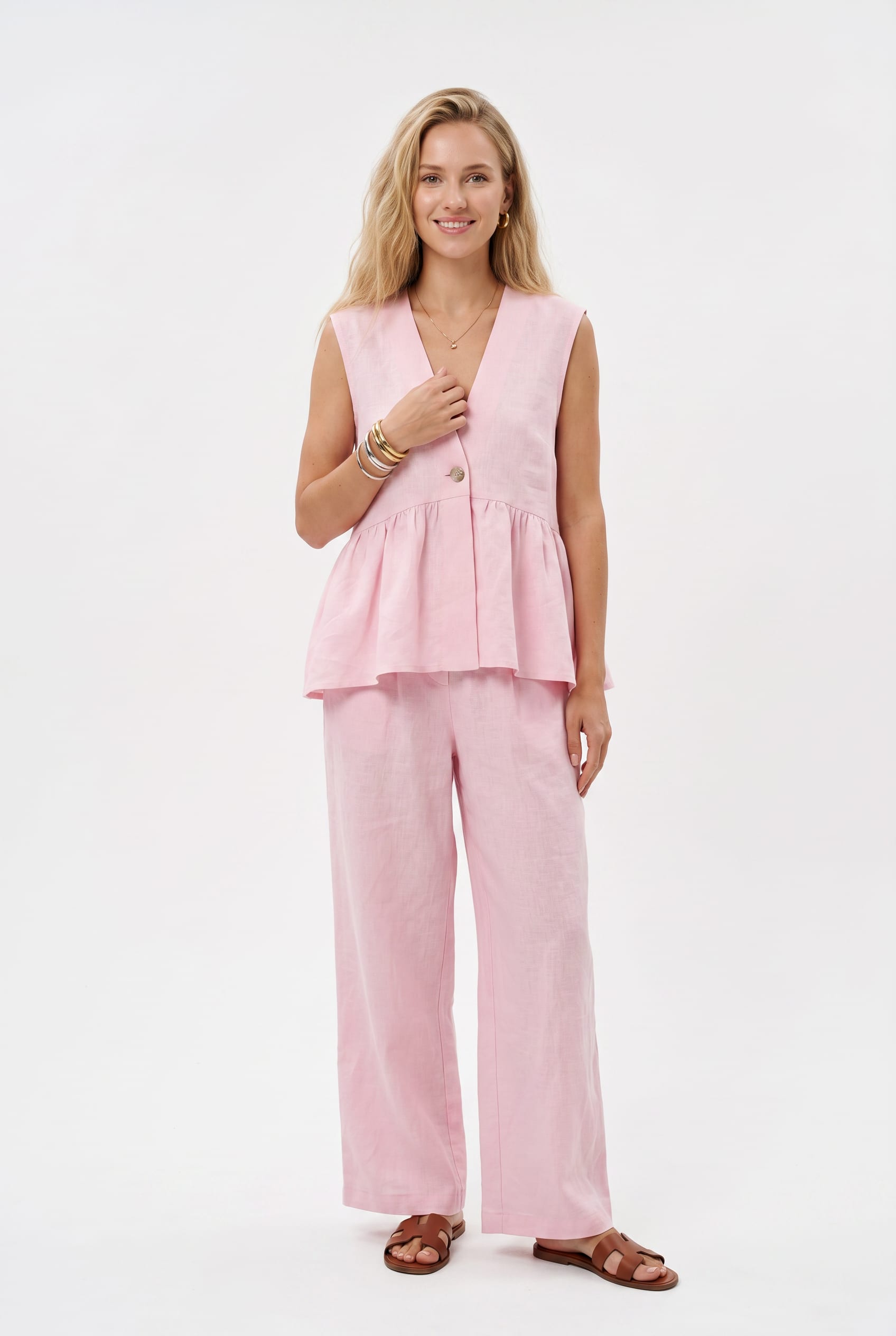 Pink Linen Peplum Vest Wide-Leg Co-ord