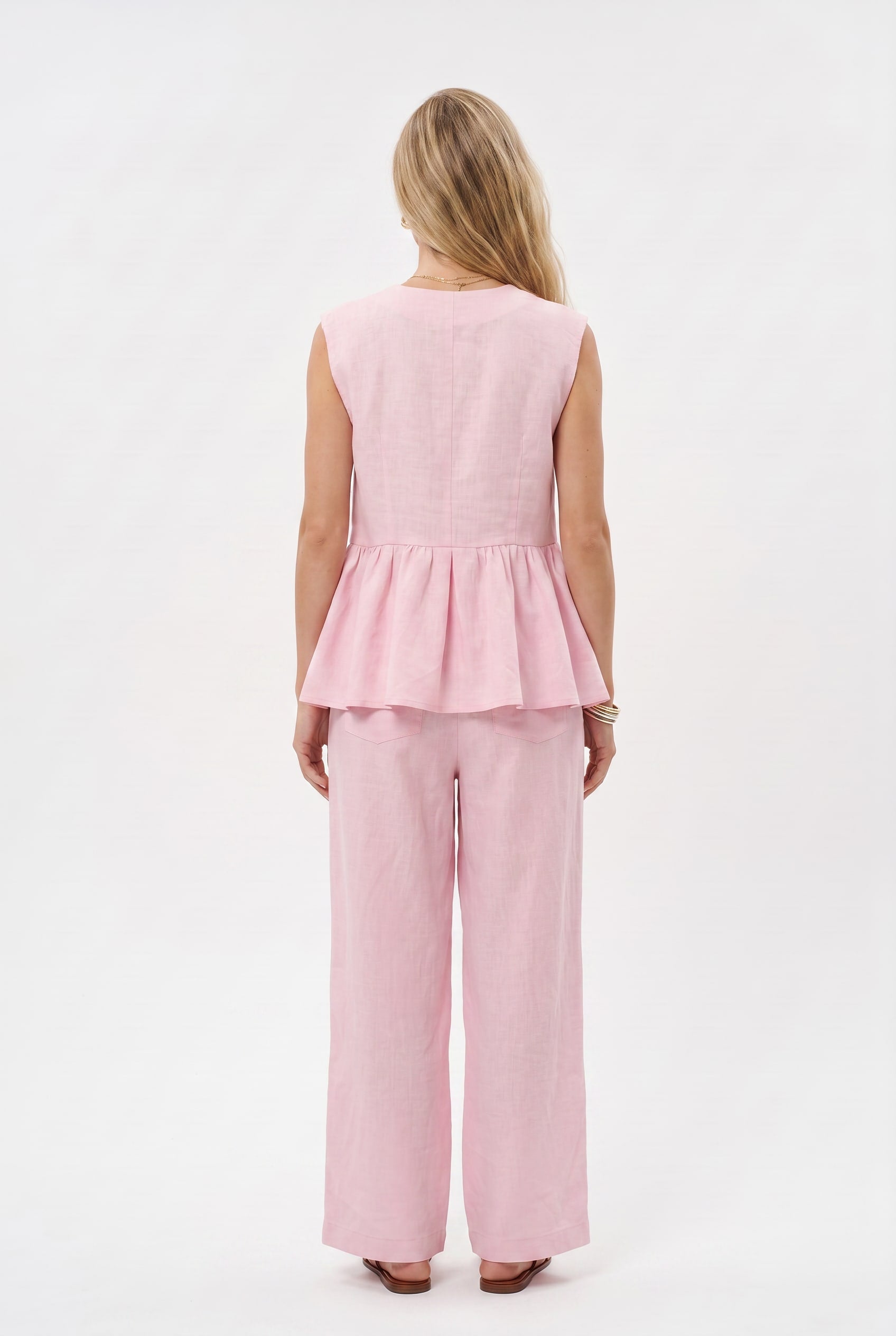 Pink Linen Peplum Vest Wide-Leg Co-ord
