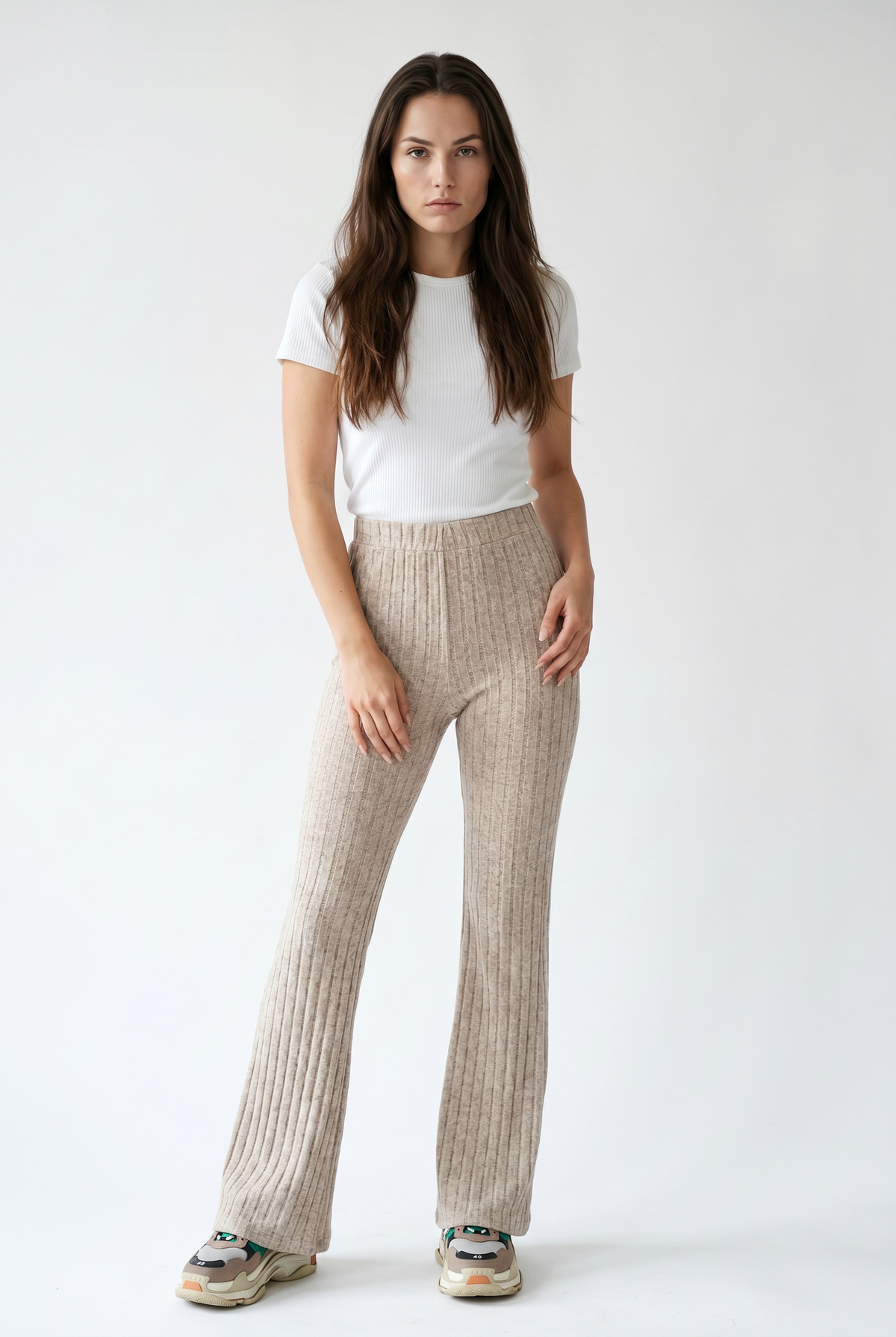 Beige Ribbed Knit Flare Pants