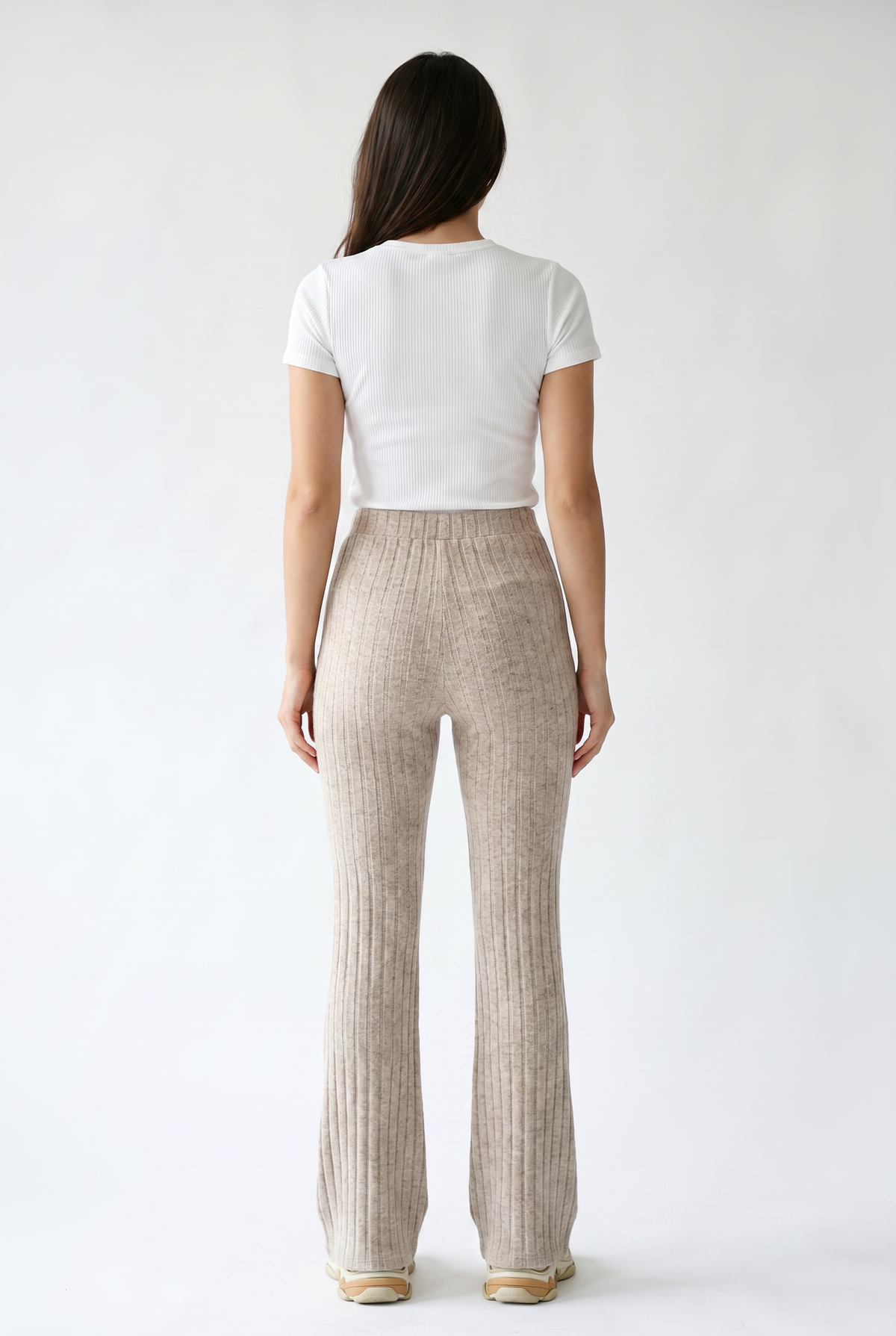 Beige Ribbed Knit Flare Pants