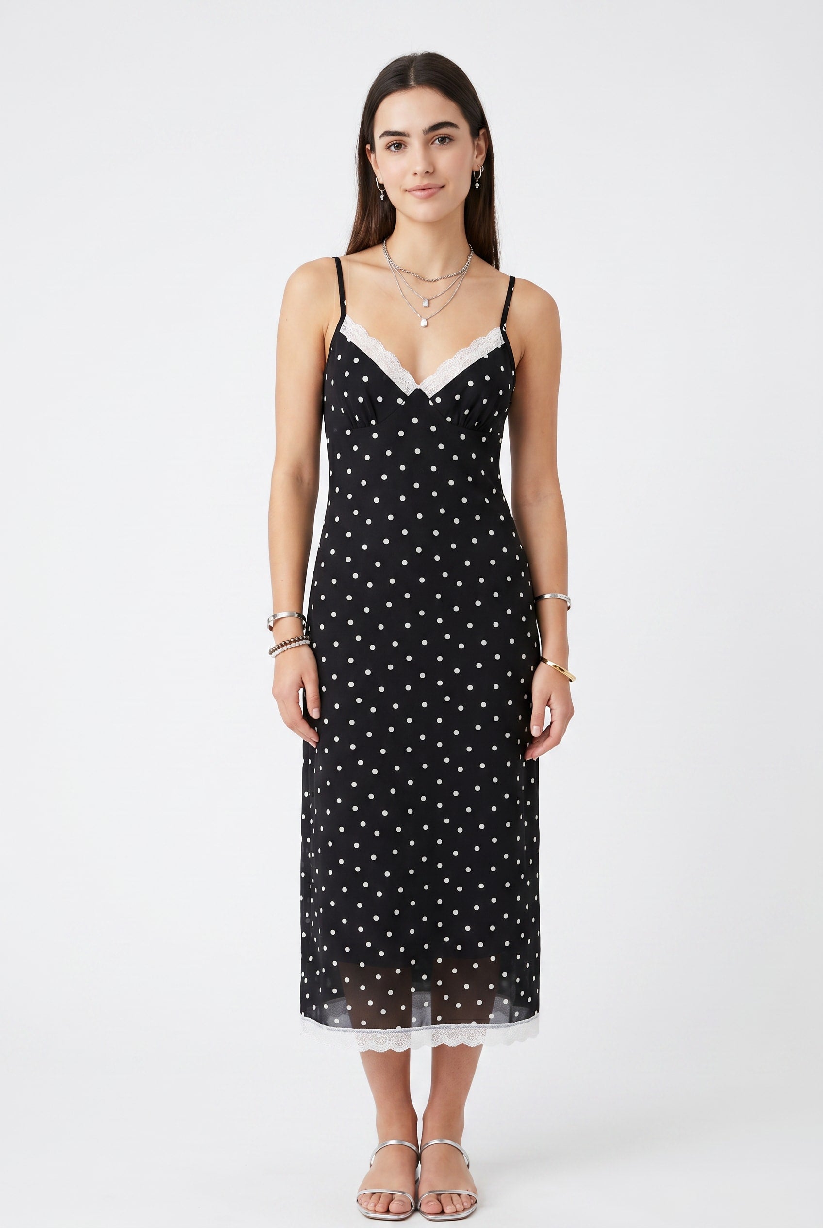 Black Polka Dot Lace-Trim Slip Dress
