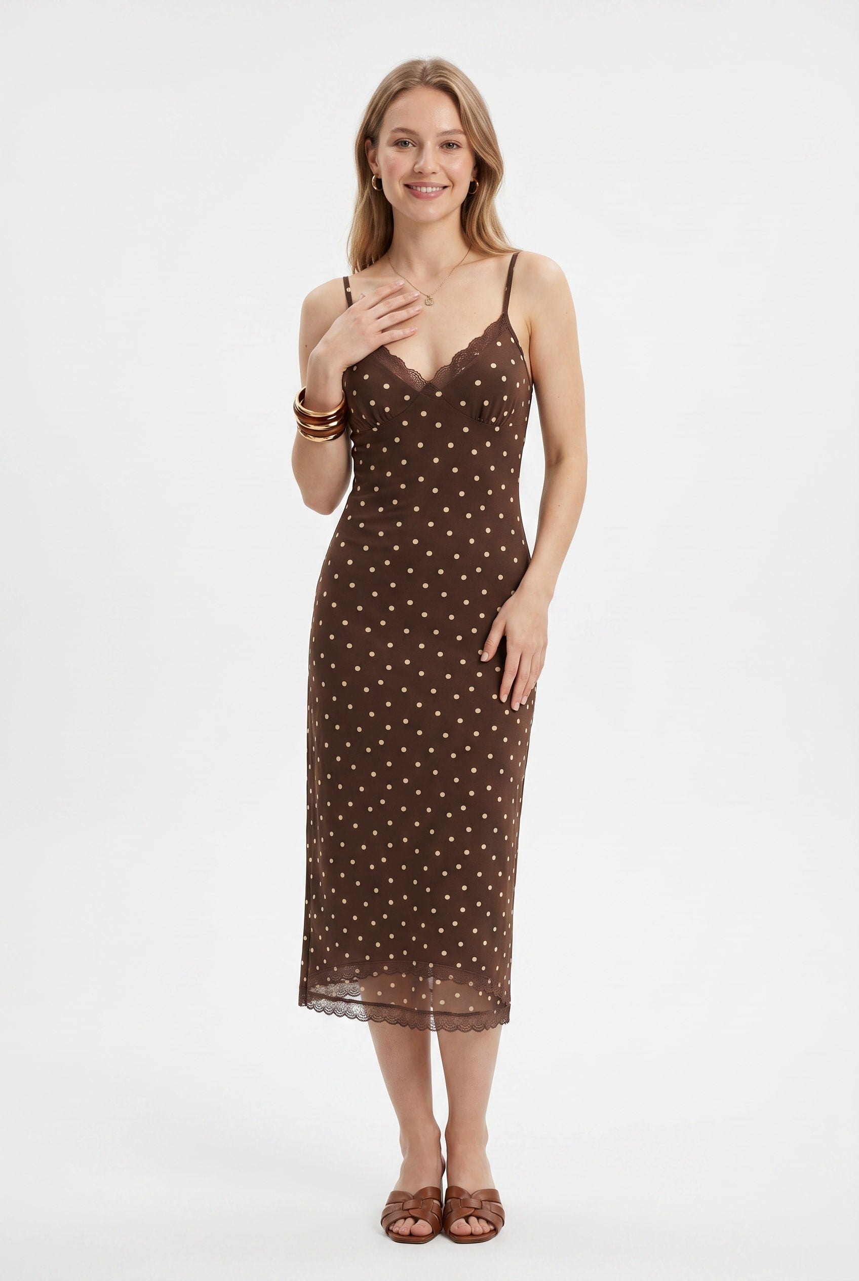 Brown Polka Dot Lace Trim Midi Dress