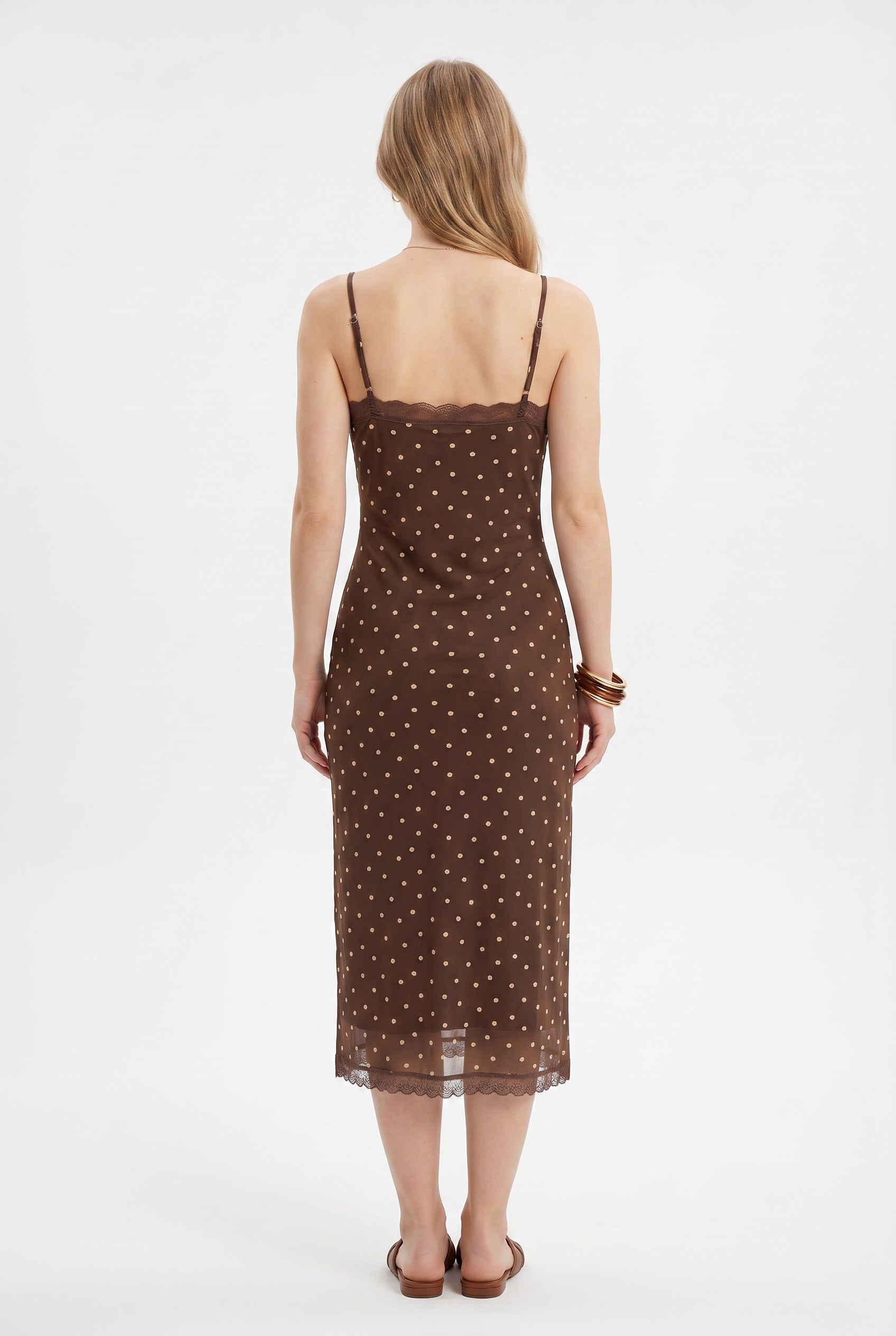 Brown Polka Dot Lace Trim Midi Dress