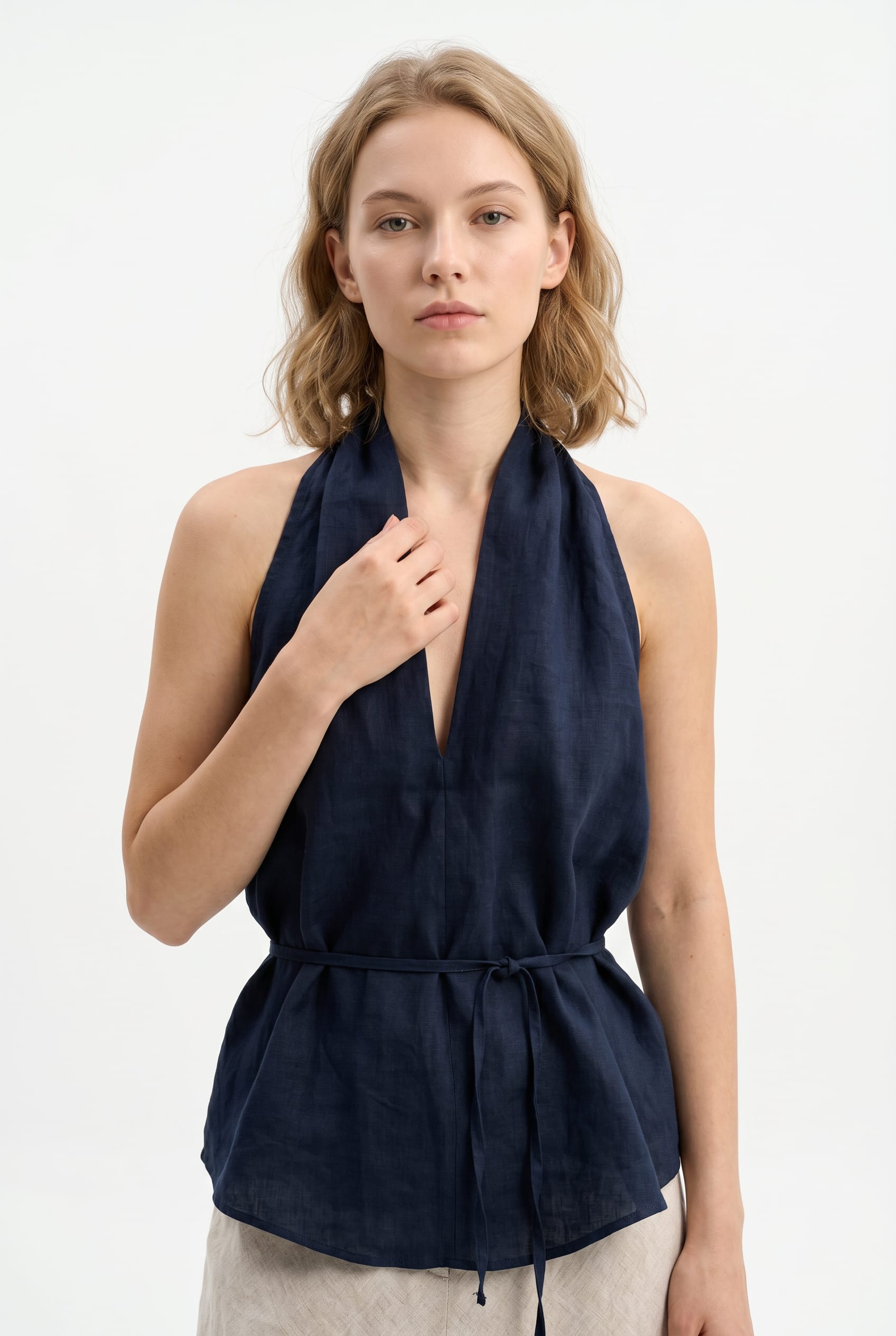 Navy Halter Neck Wrap Top