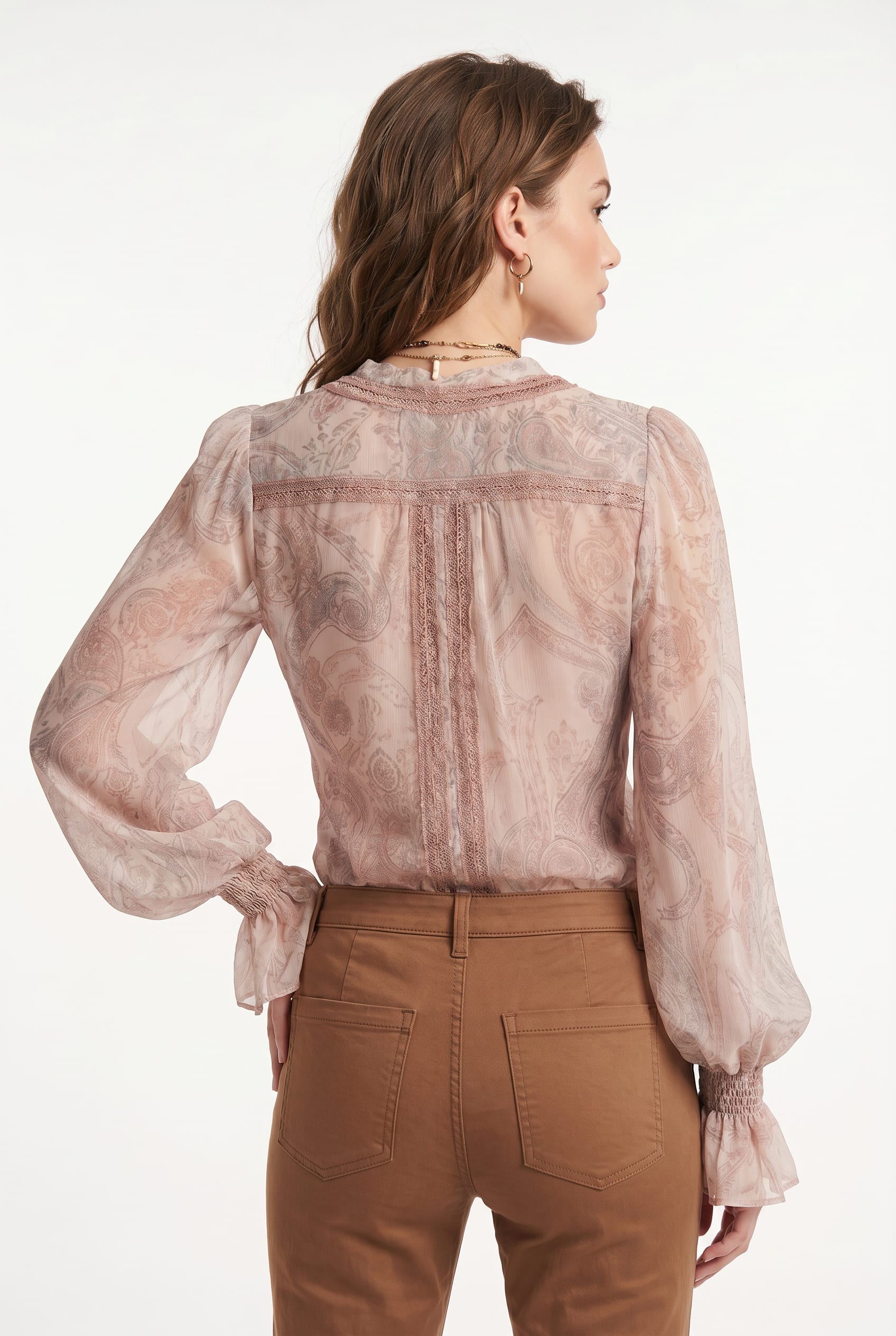Blush Paisley Sheer Blouse Smocked Cuffs
