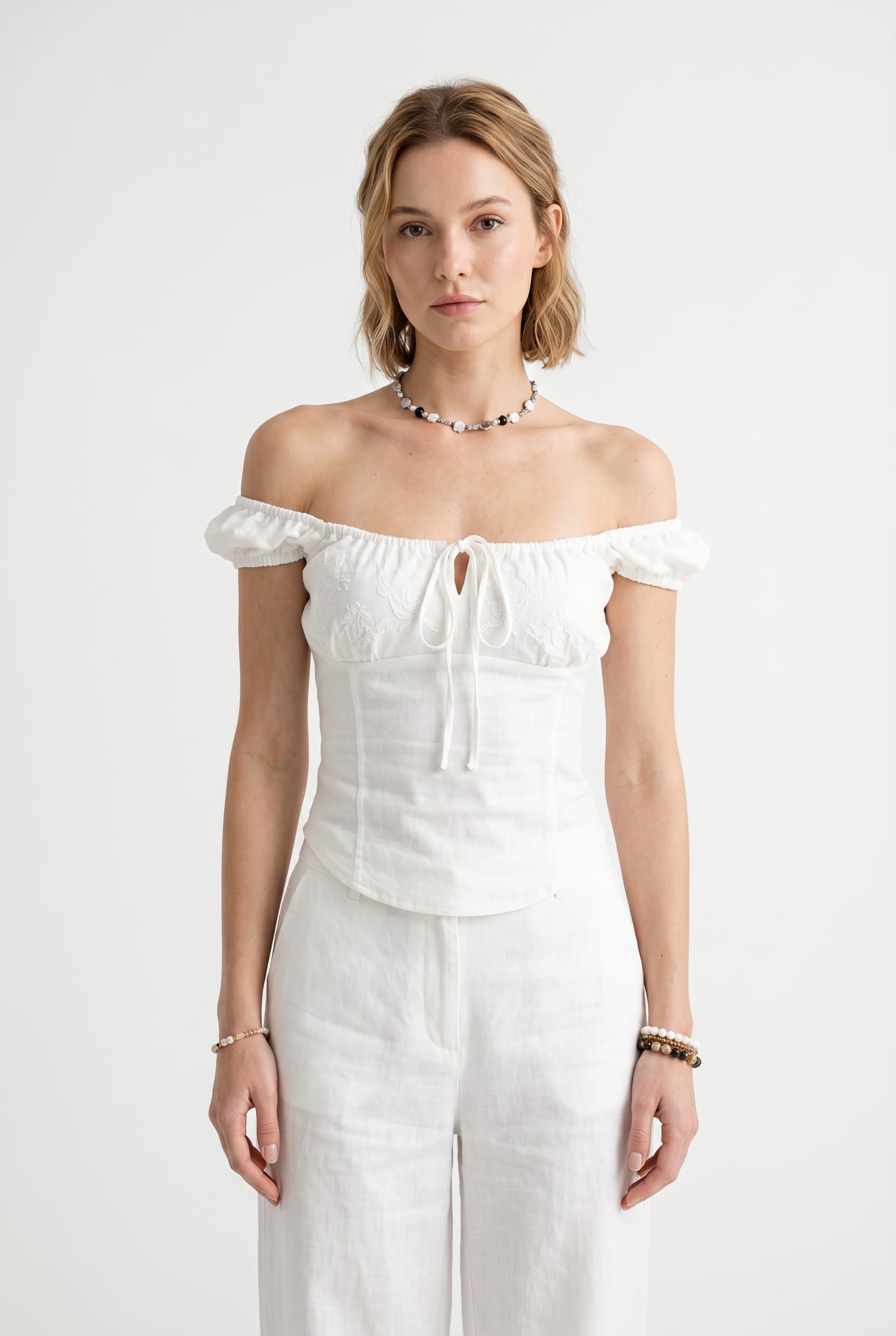 White Off Shoulder Embroidered Corset Top