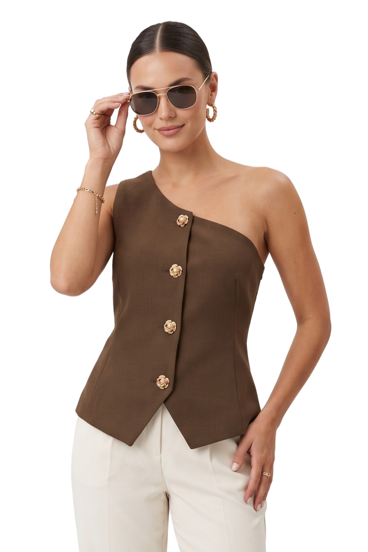 Brown One Shoulder Blazer Vest