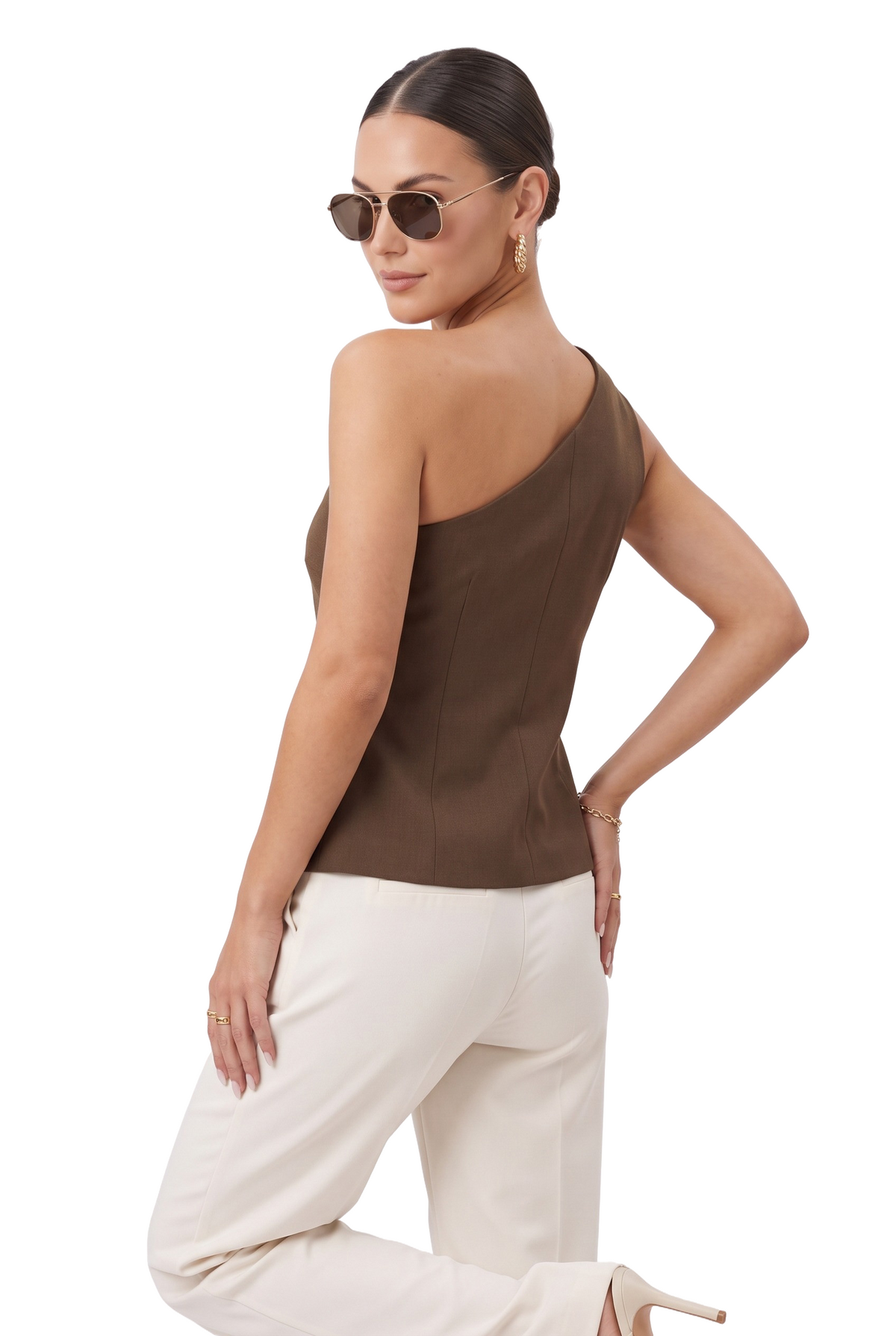 Brown One Shoulder Blazer Vest