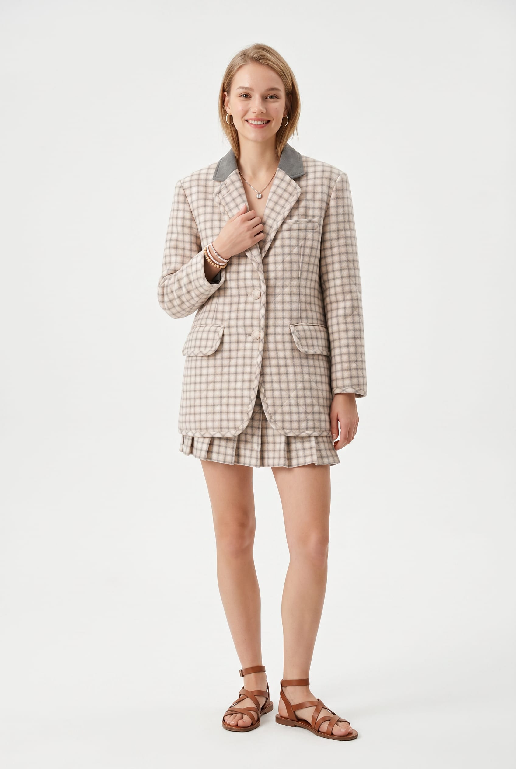 Beige Check Blazer with Grey Collar